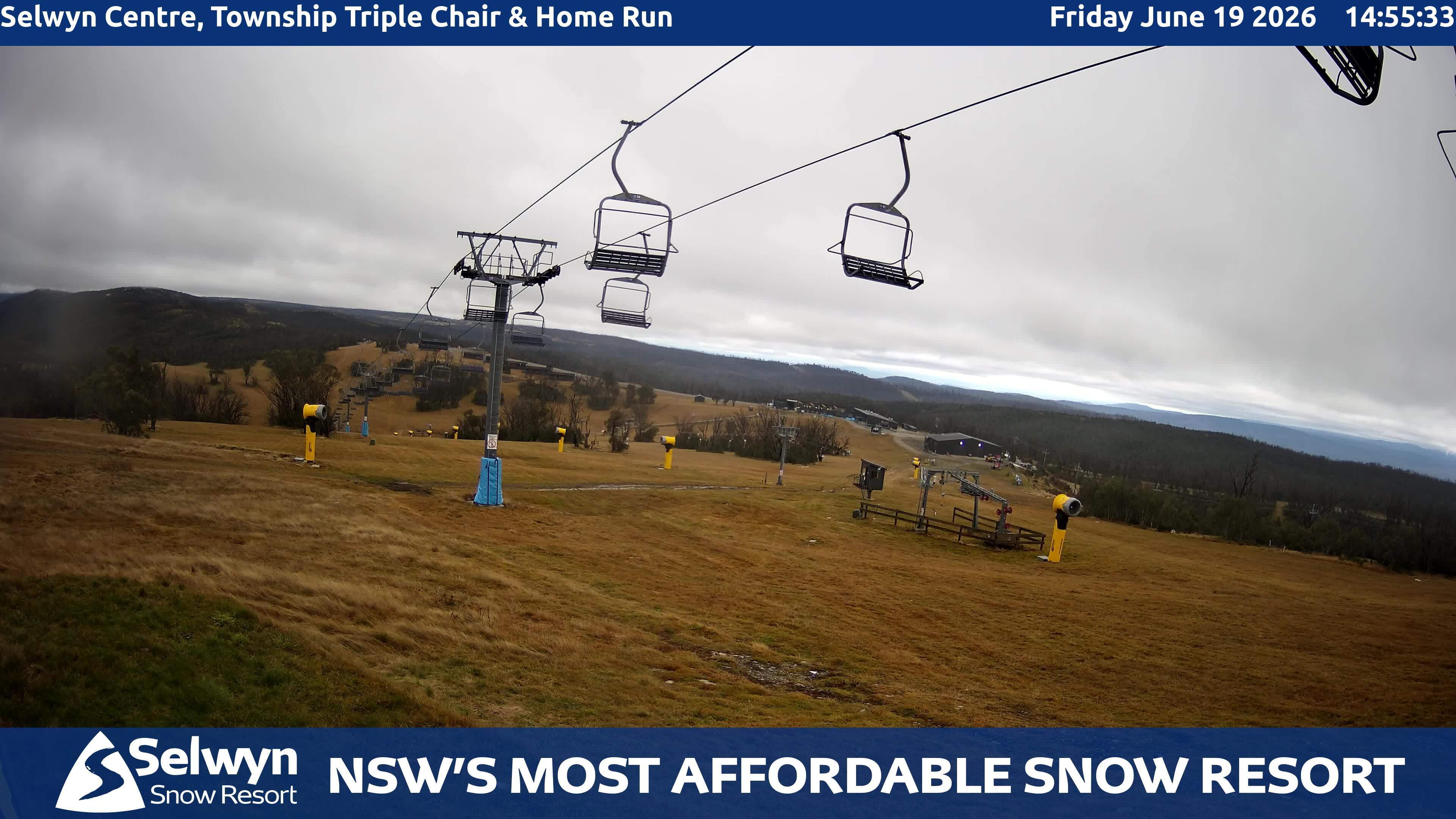 Selwyn Snow Resort Selwyn Centre, Township Triple Chair and Home Run snow cam captured at 19 June 2026, 4:57 am