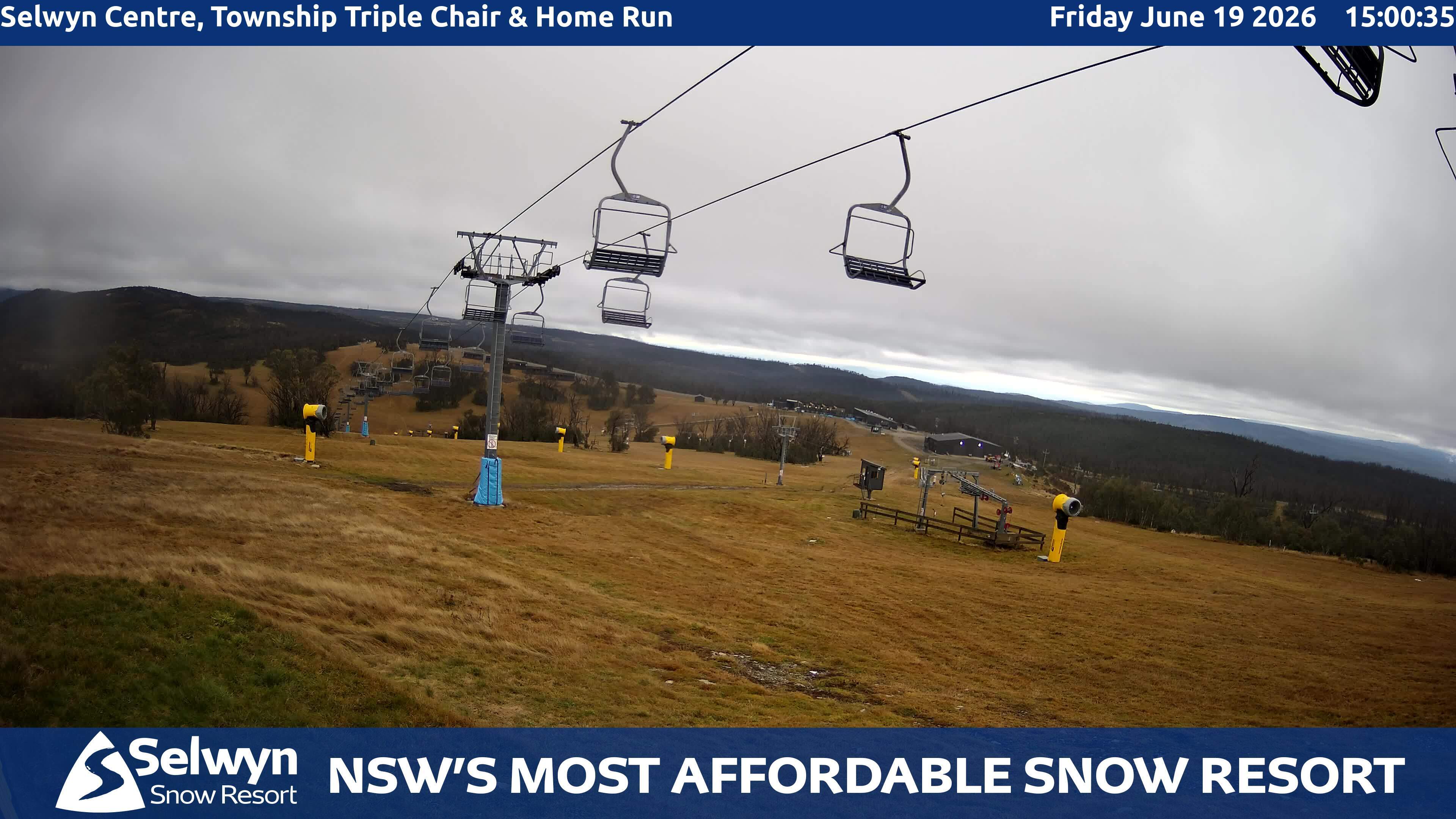 Selwyn Snow Resort Selwyn Centre, Township Triple Chair and Home Run snow cam captured at 19 June 2026, 5:03 am