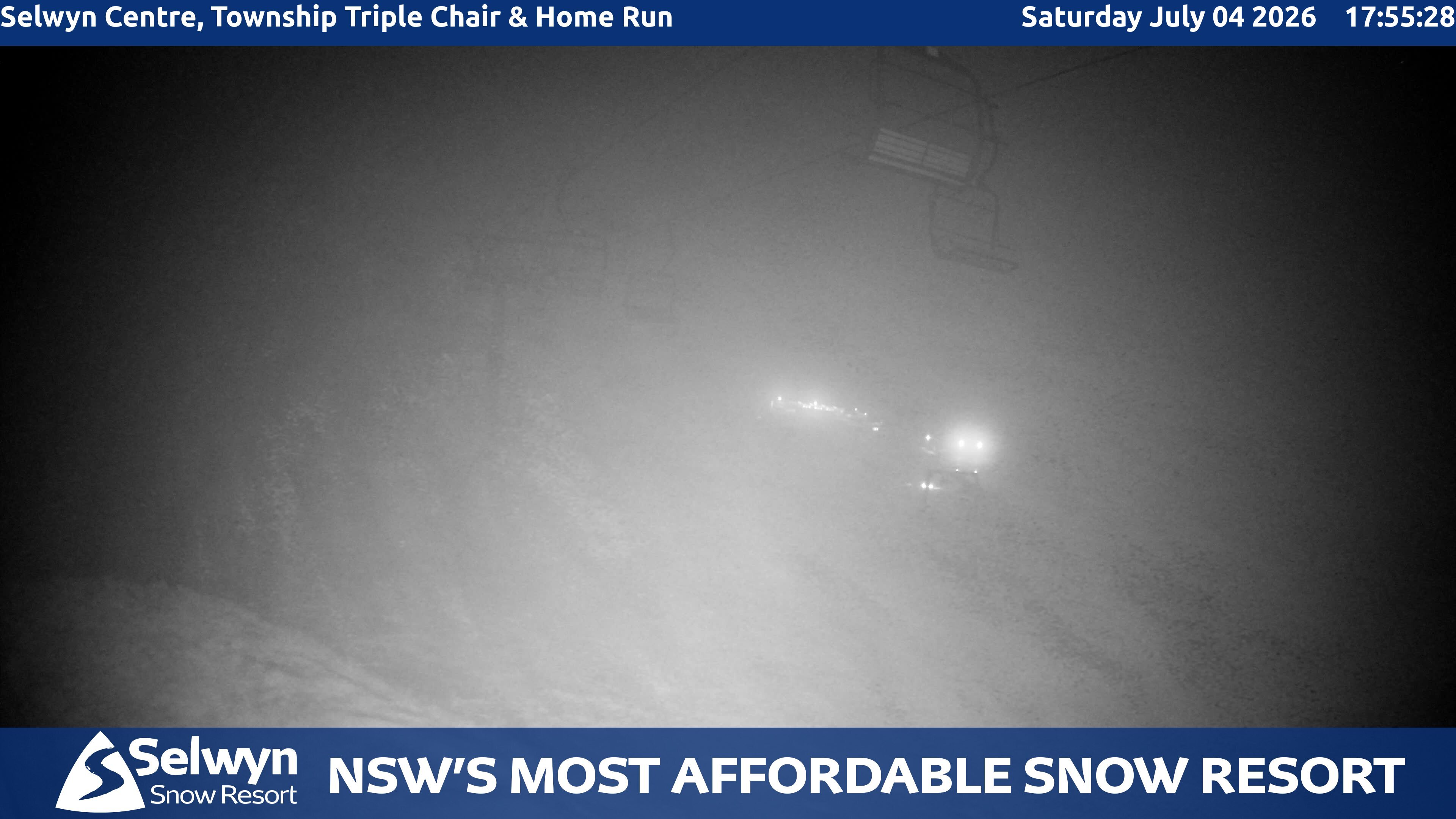 Selwyn Snow Resort Selwyn Centre, Township Triple Chair and Home Run snow cam captured at 4 July 2026 at 6:01 pm AEST