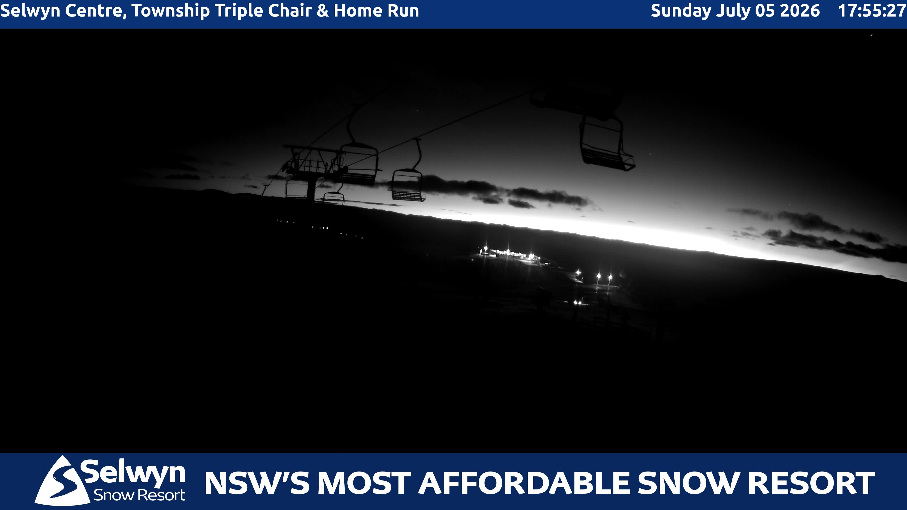 Selwyn Snow Resort Selwyn Centre, Township Triple Chair and Home Run snow cam captured at 5 July 2026 at 6:02 pm AEST