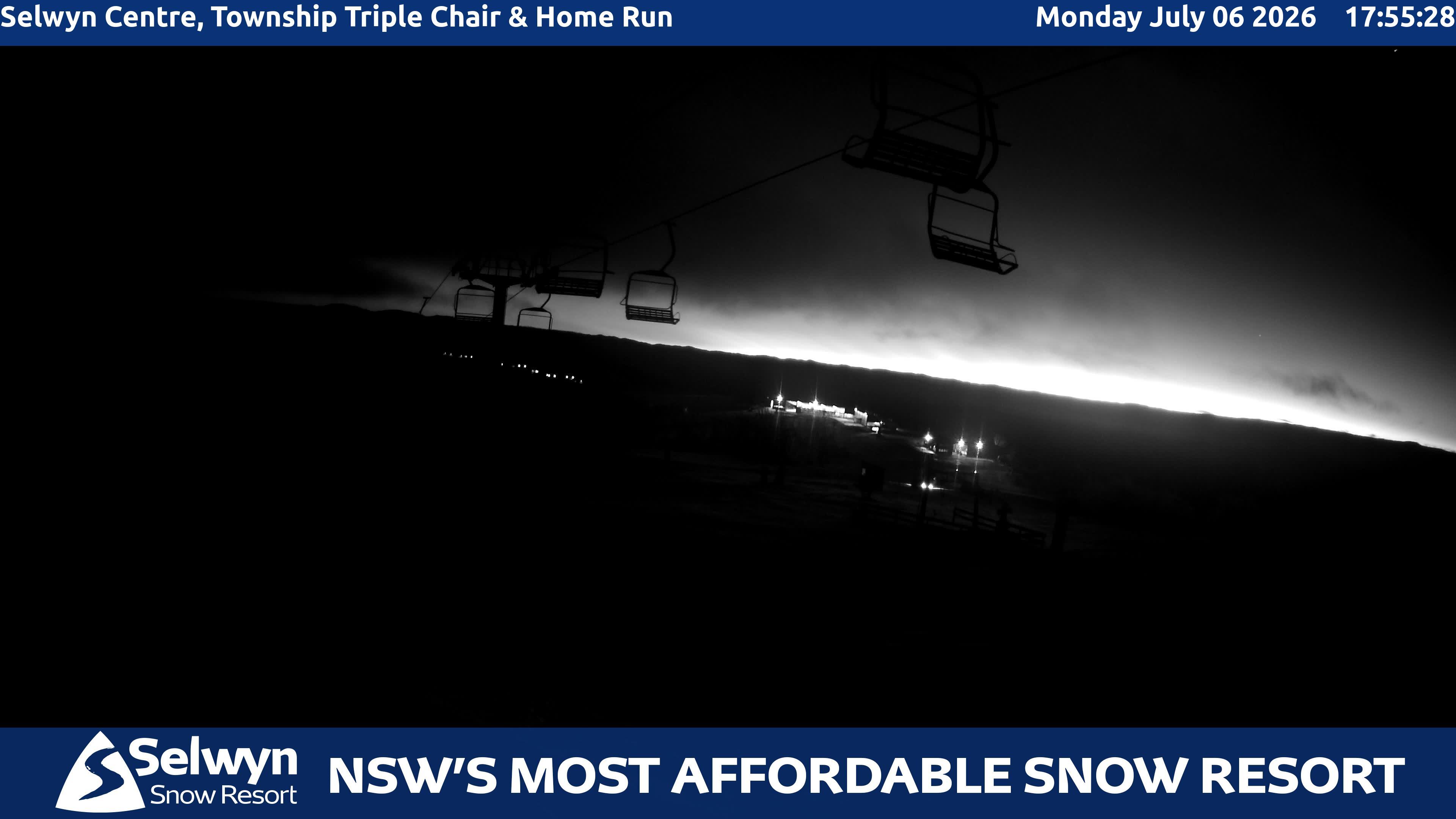 Selwyn Snow Resort Selwyn Centre, Township Triple Chair and Home Run snow cam captured at 6 July 2026 at 6:03 pm AEST