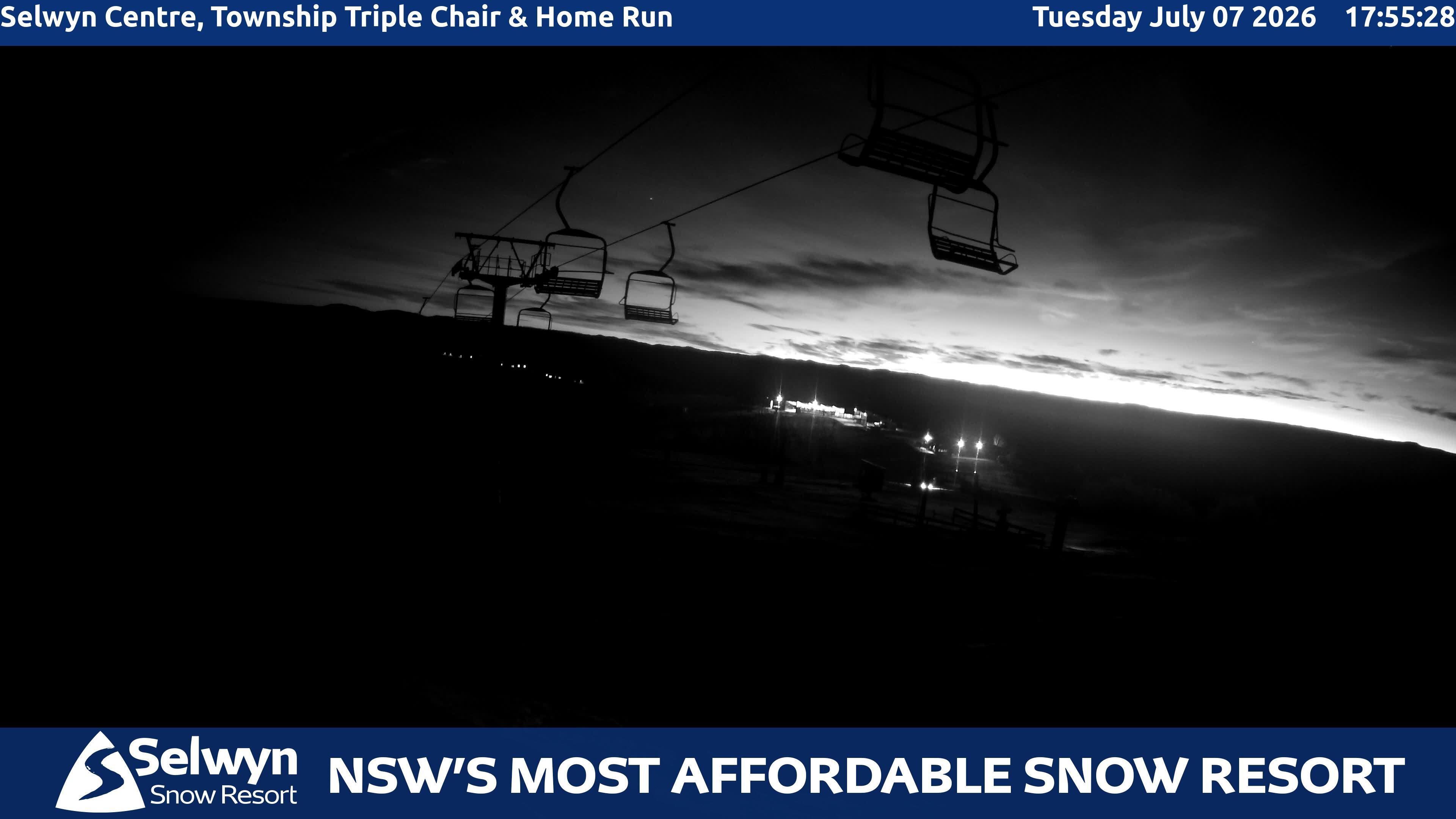 Selwyn Snow Resort Selwyn Centre, Township Triple Chair and Home Run snow cam captured at 7 July 2026 at 6:04 pm AEST