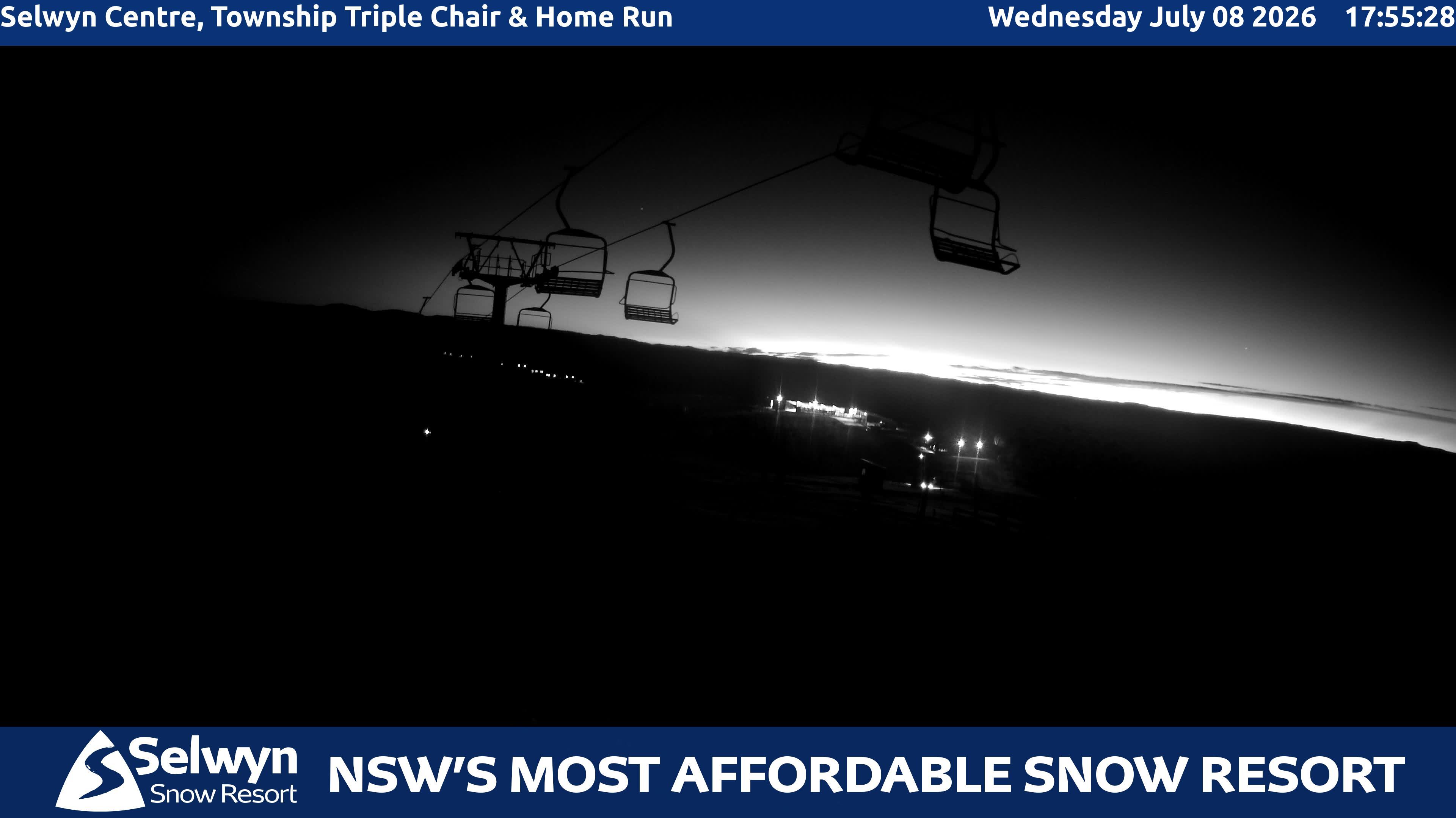 Selwyn Snow Resort Selwyn Centre, Township Triple Chair and Home Run snow cam captured at 8 July 2026 at 6:05 pm AEST
