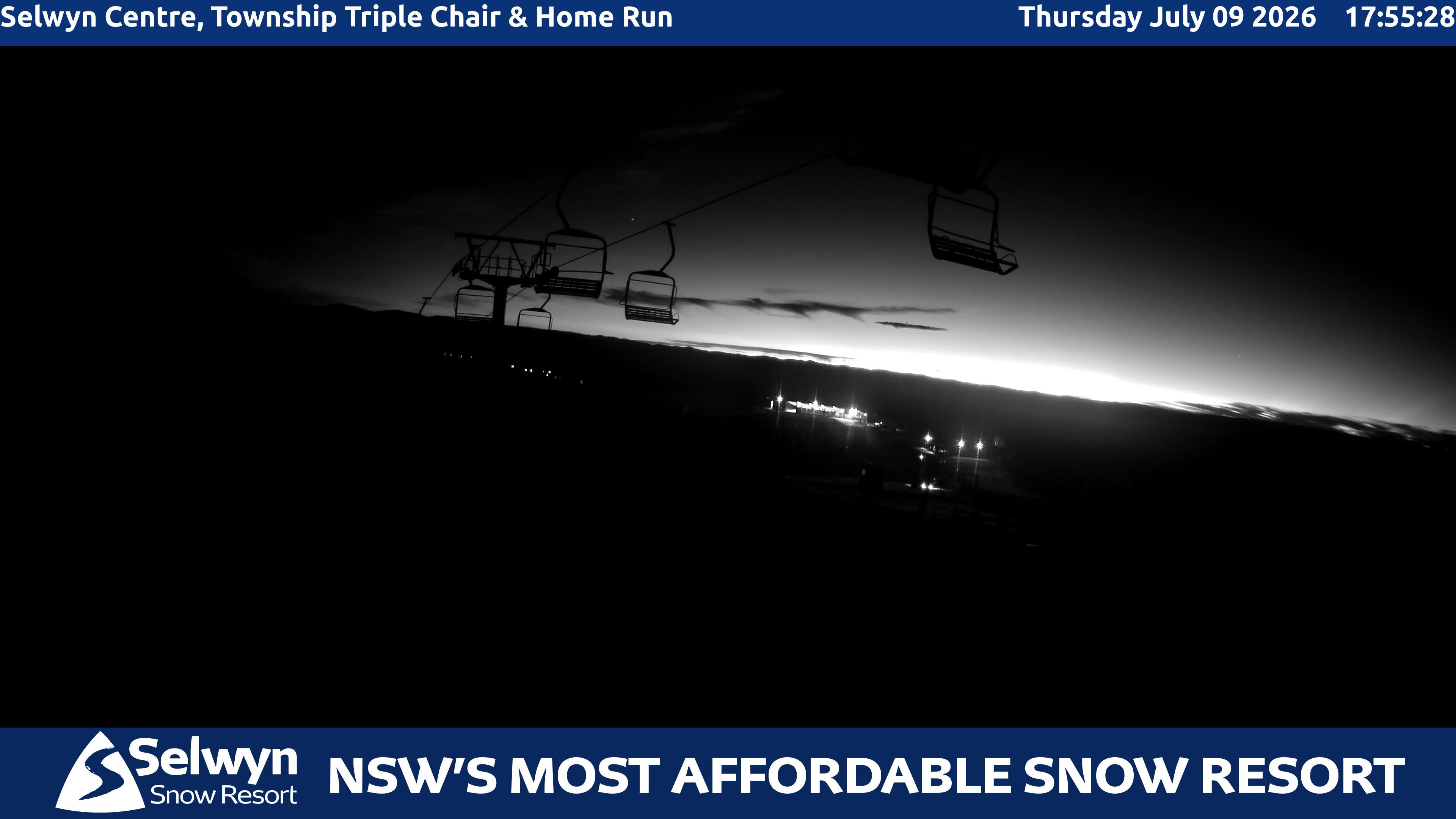 Selwyn Snow Resort Selwyn Centre, Township Triple Chair and Home Run snow cam captured at 9 July 2026 at 6:06 pm AEST