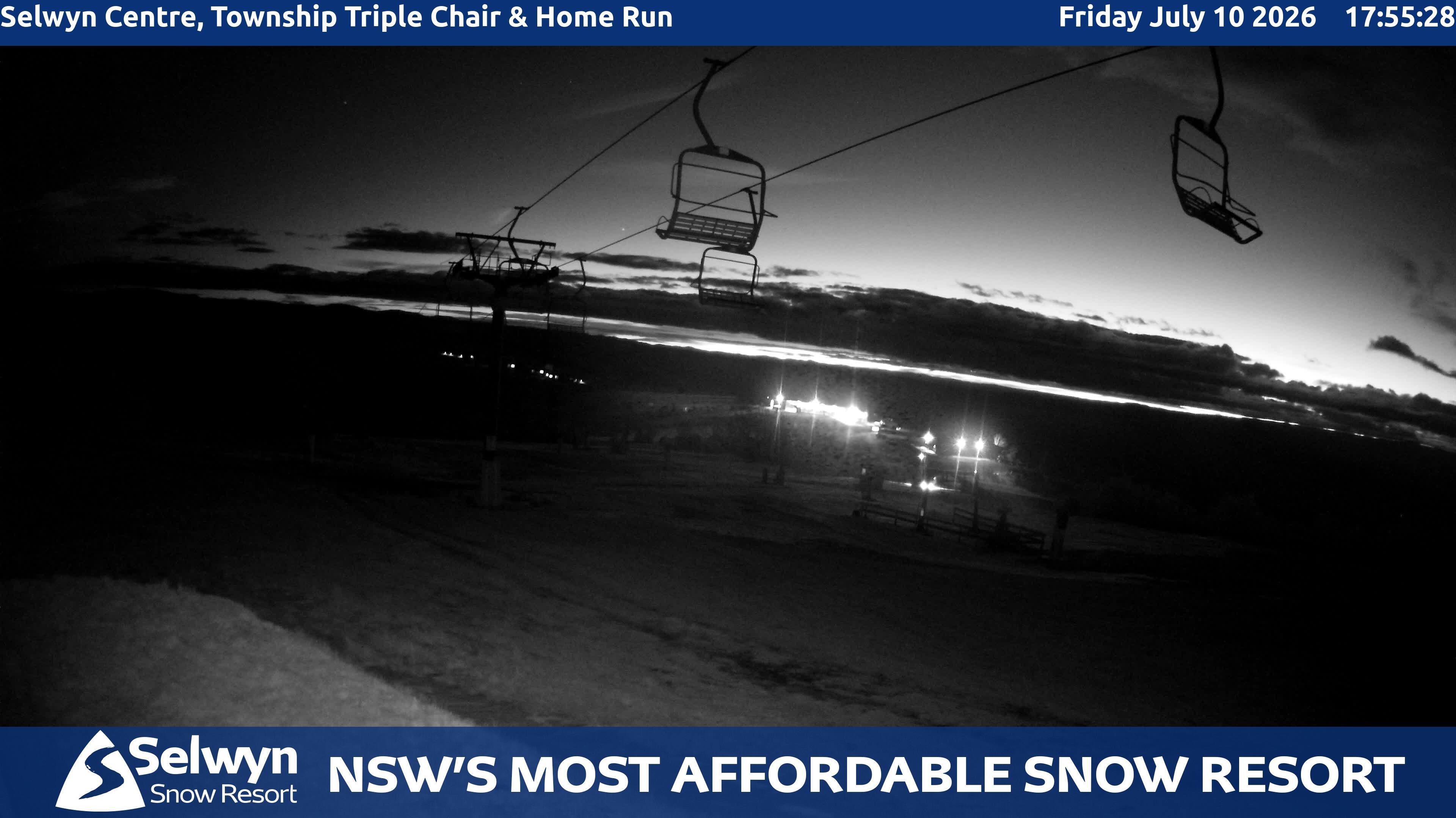 Selwyn Snow Resort Selwyn Centre, Township Triple Chair and Home Run snow cam captured at 10 July 2026 at 5:56 pm AEST