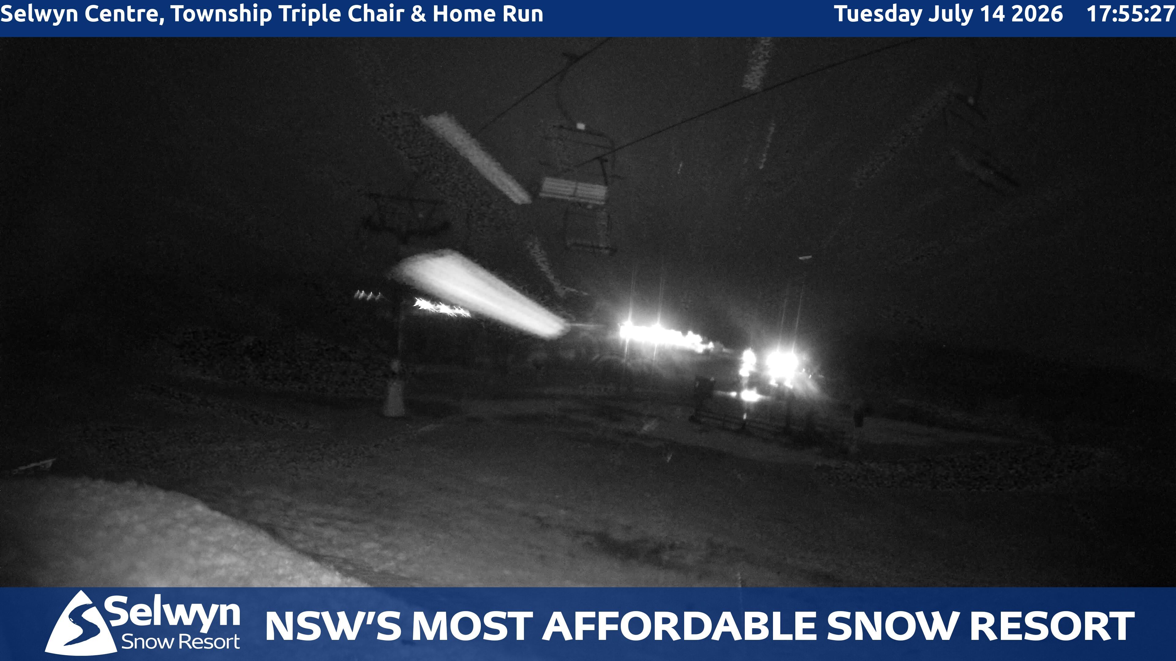 Selwyn Snow Resort Selwyn Centre, Township Triple Chair and Home Run snow cam captured at 14 July 2026 at 6:01 pm AEST