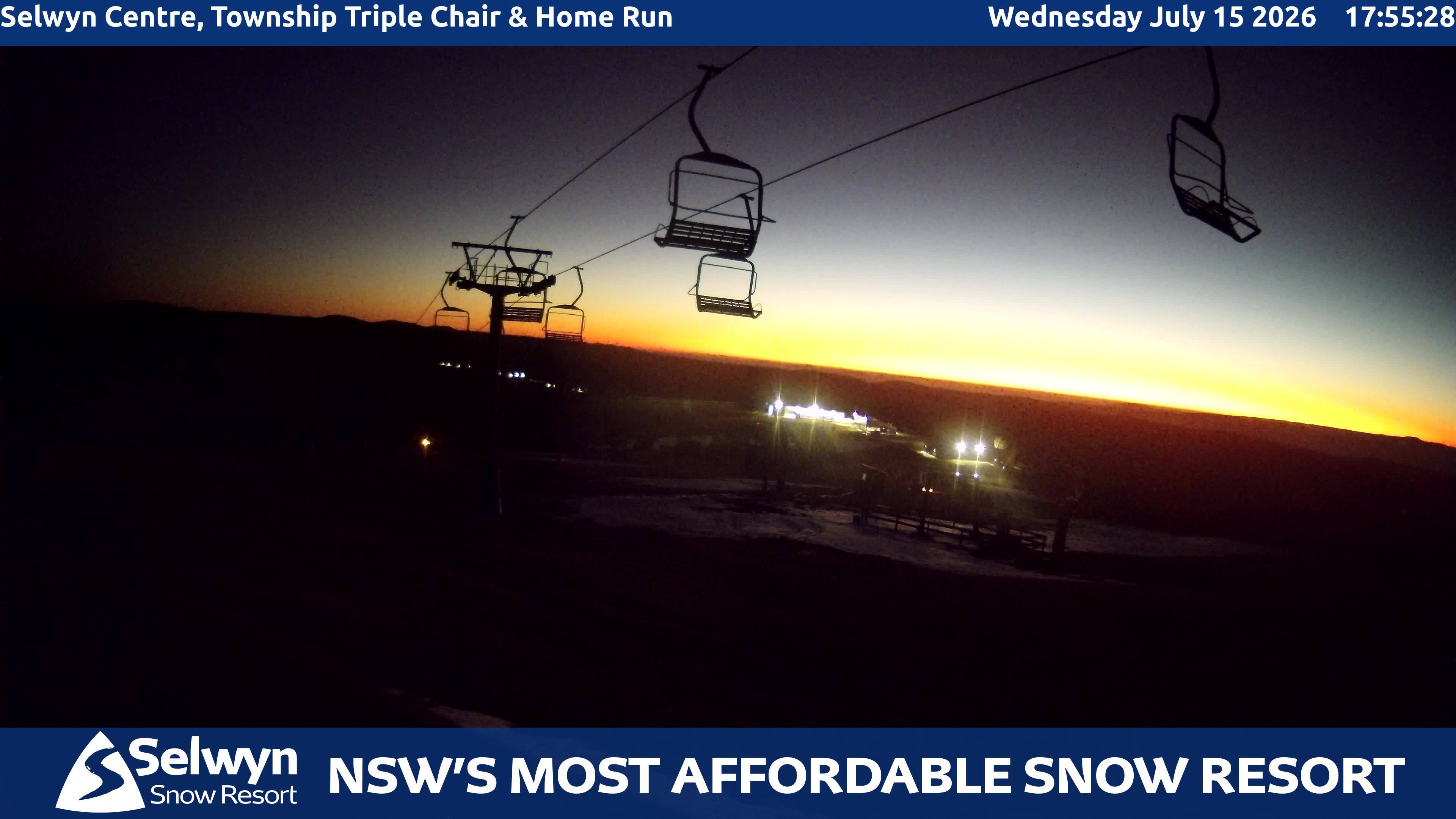 Selwyn Snow Resort Selwyn Centre, Township Triple Chair and Home Run snow cam captured at 15 July 2026 at 6:02 pm AEST
