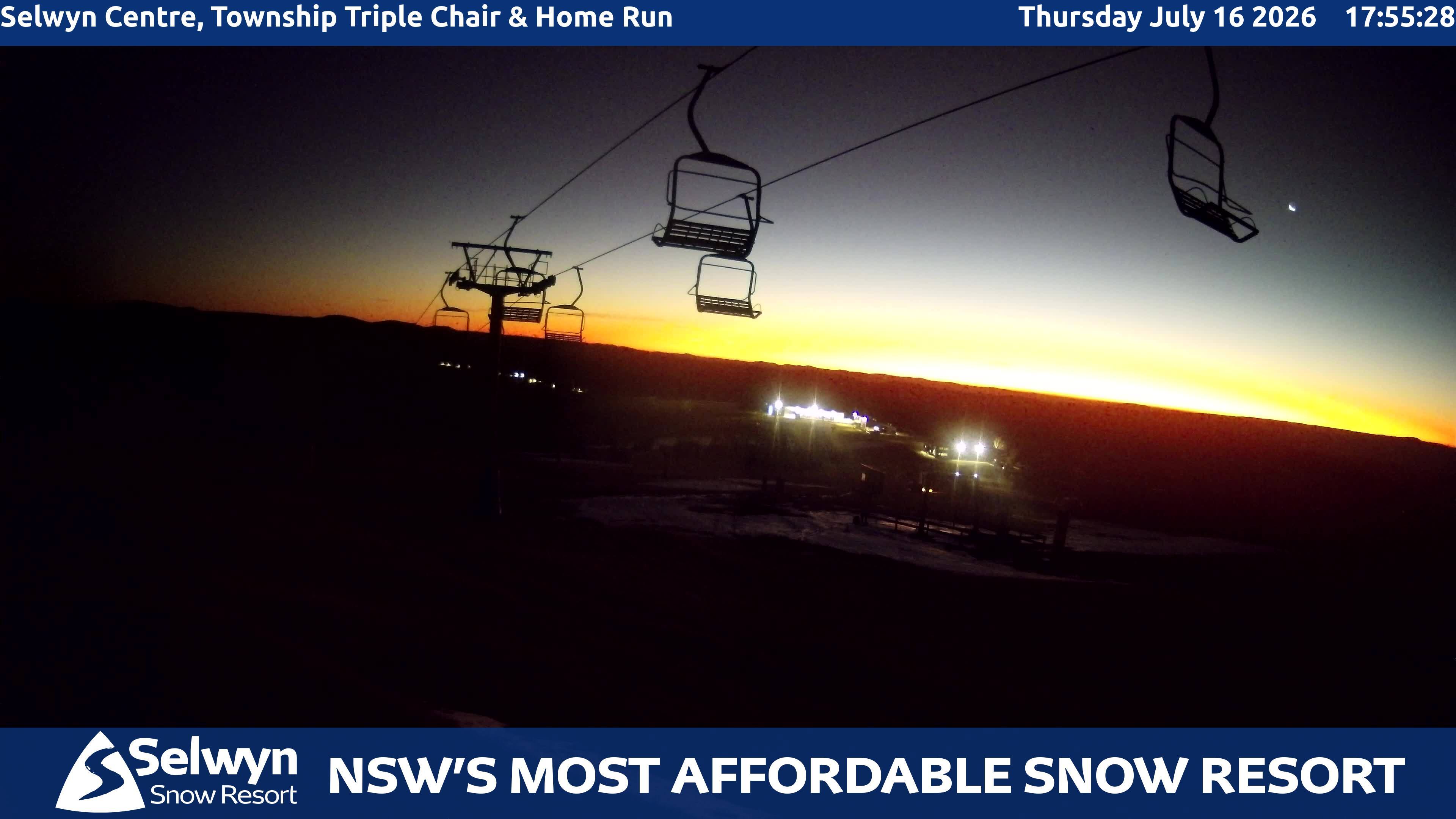 Selwyn Snow Resort Selwyn Centre, Township Triple Chair and Home Run snow cam captured at 16 July 2026 at 6:03 pm AEST