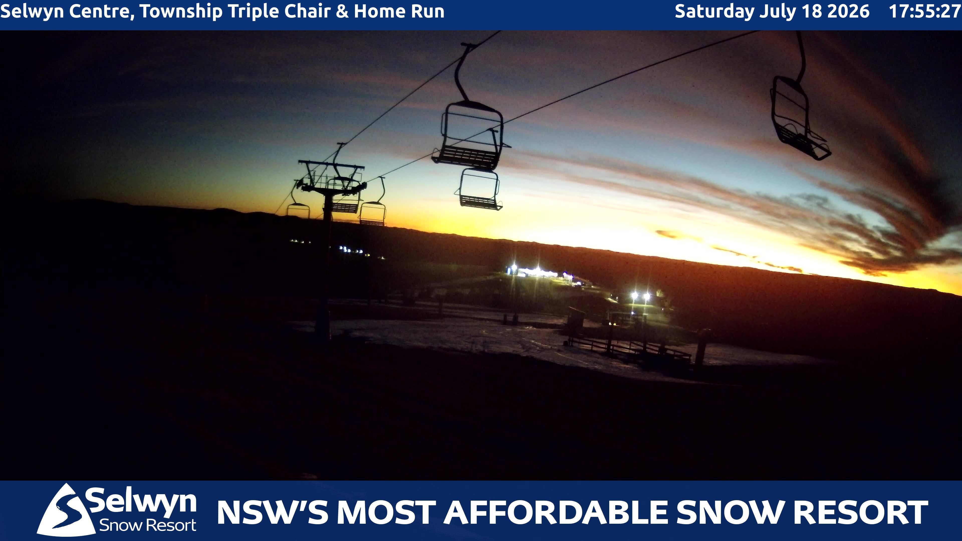 Selwyn Snow Resort Selwyn Centre, Township Triple Chair and Home Run snow cam captured at 18 July 2026 at 6:05 pm AEST