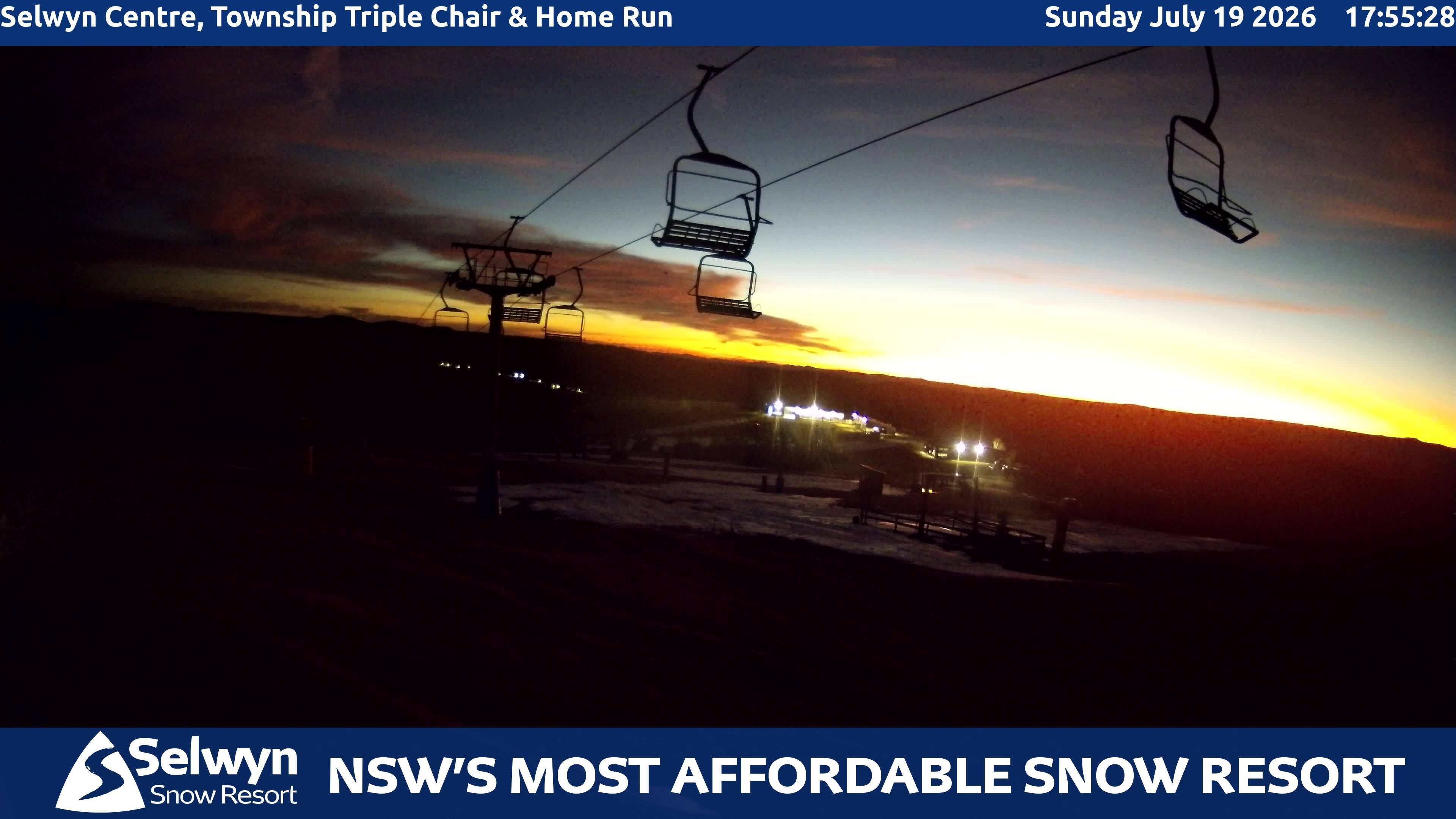 Selwyn Snow Resort Selwyn Centre, Township Triple Chair and Home Run snow cam captured at 19 July 2026 at 5:55 pm AEST