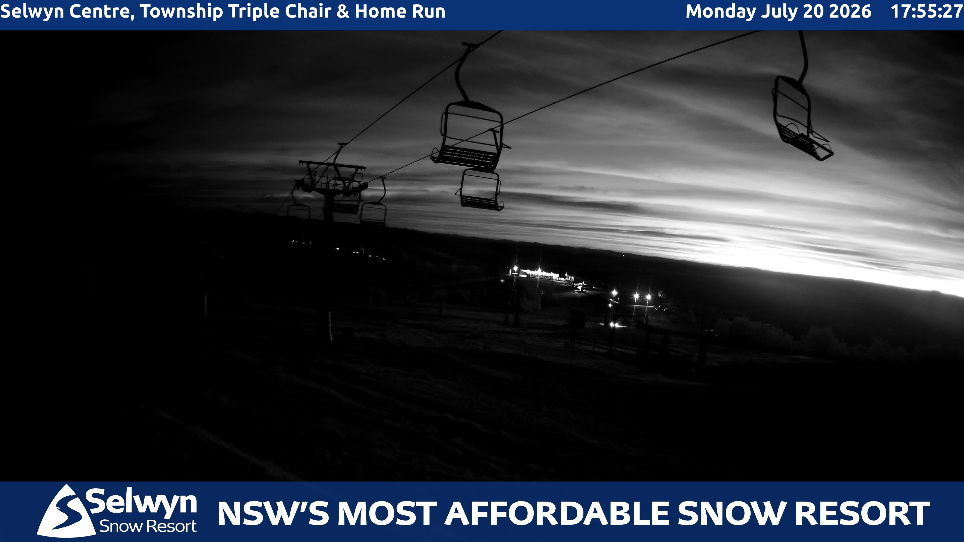 Selwyn Snow Resort Selwyn Centre, Township Triple Chair and Home Run snow cam captured at 20 July 2026 at 5:56 pm AEST