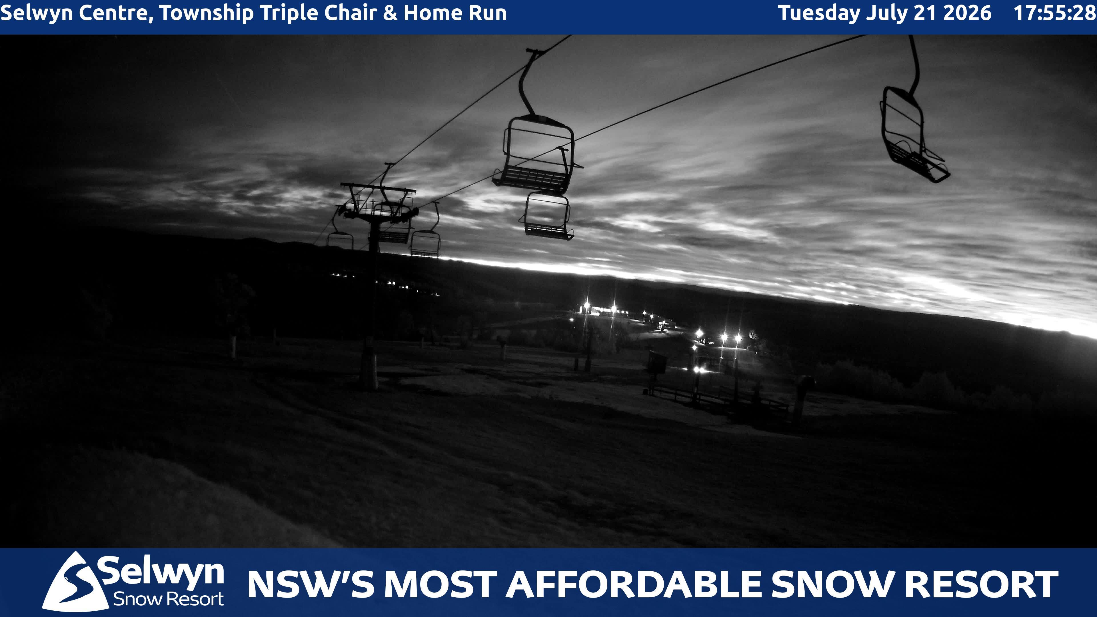 Selwyn Snow Resort Selwyn Centre, Township Triple Chair and Home Run snow cam captured at 21 July 2026 at 5:58 pm AEST