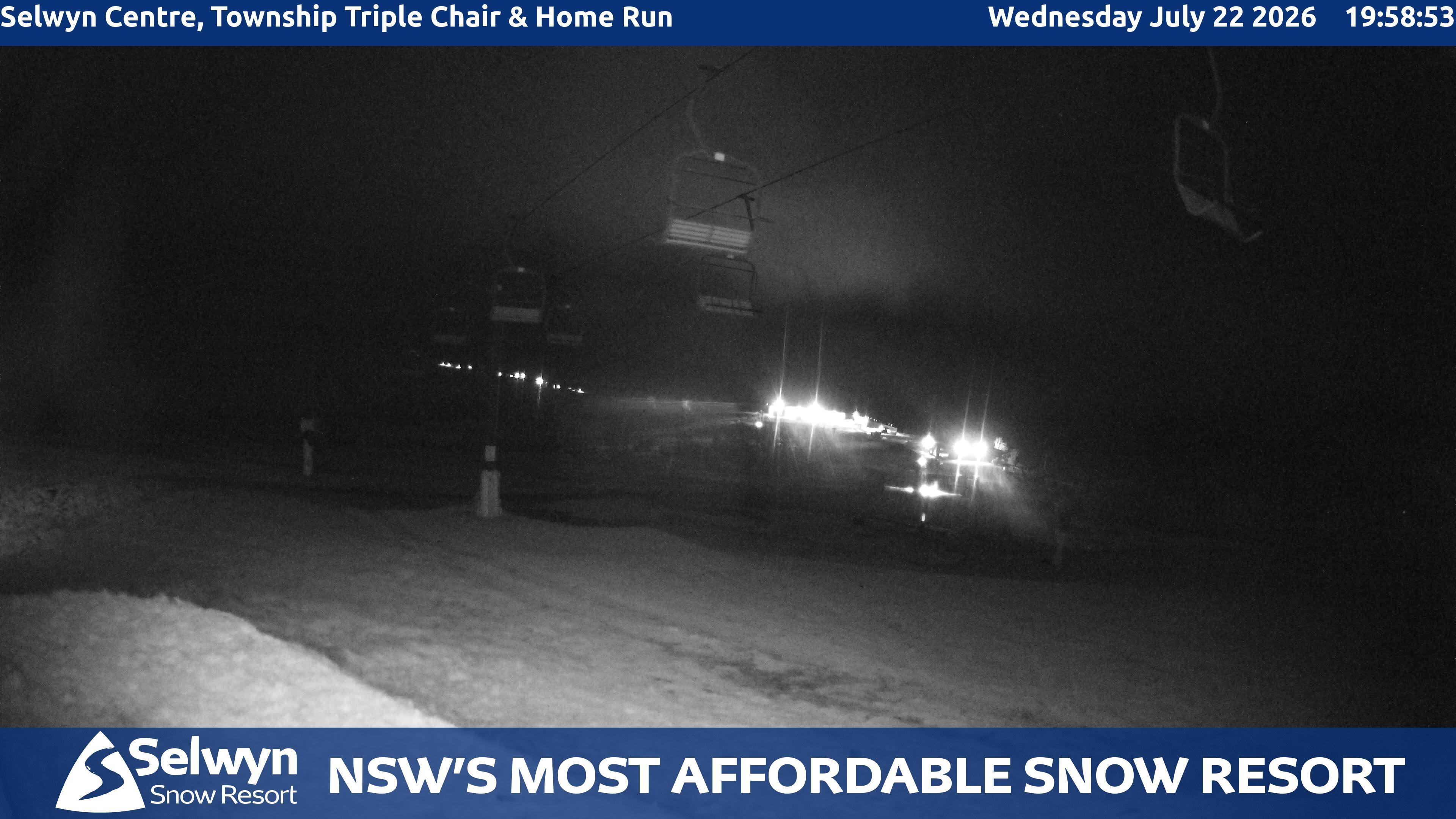 Selwyn Snow Resort Selwyn Centre, Township Triple Chair and Home Run snow cam captured at 22 July 2026 at 8:01 pm AEST