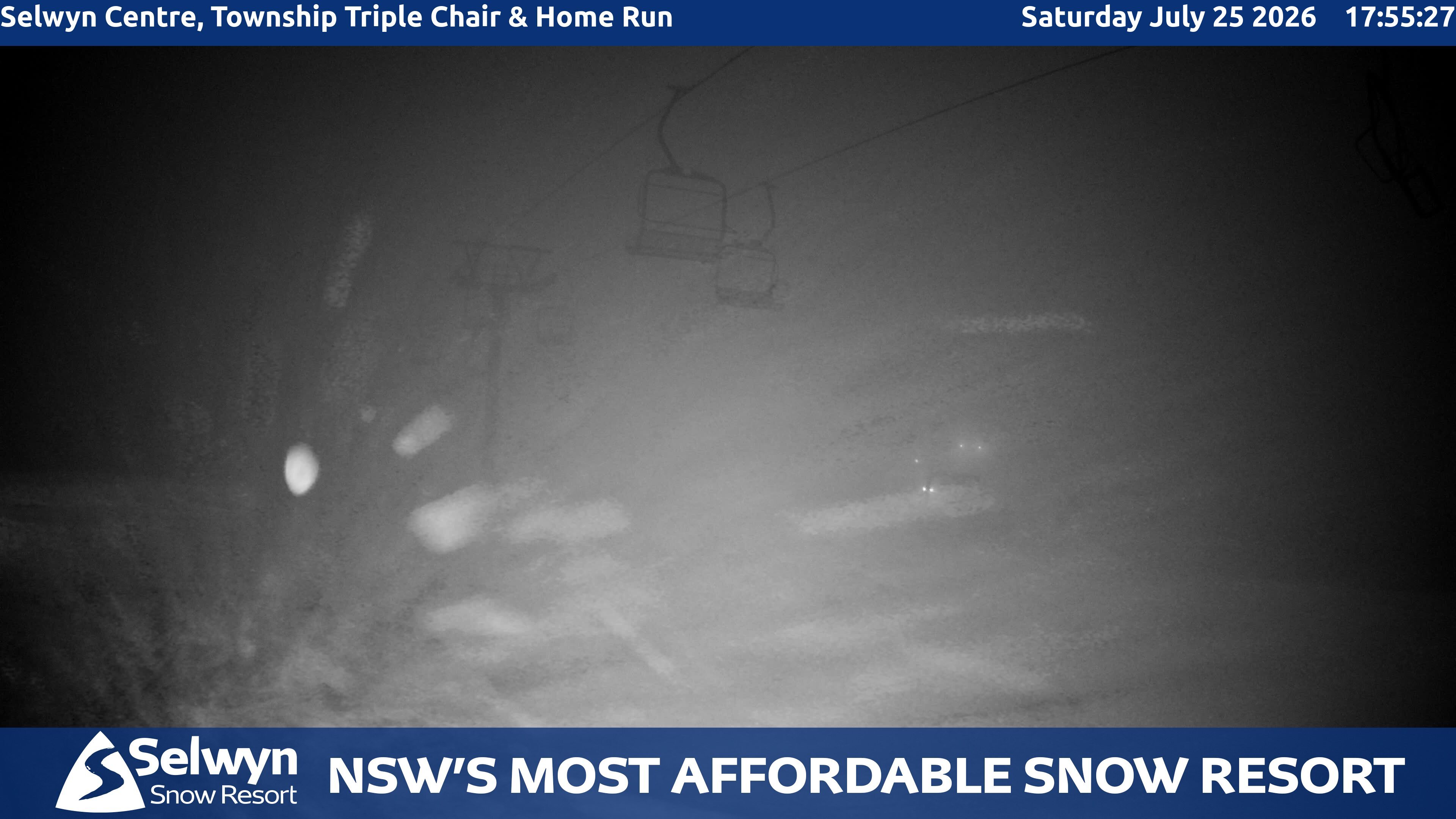 Selwyn Snow Resort Selwyn Centre, Township Triple Chair and Home Run snow cam captured at 25 July 2026 at 6:04 pm AEST
