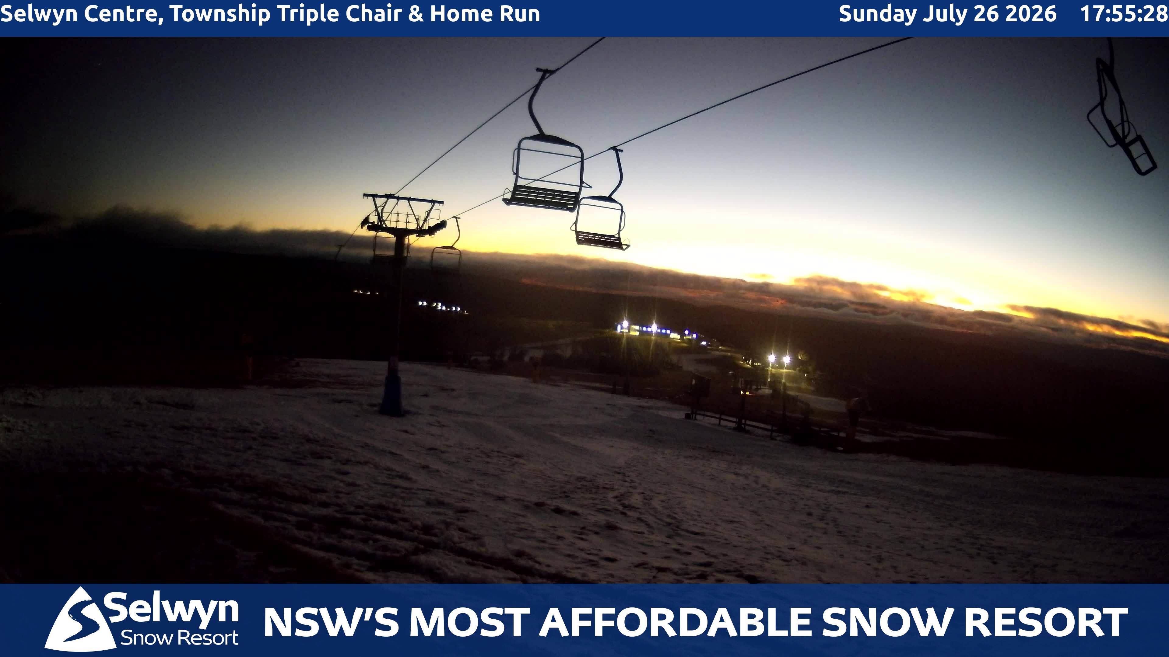 Selwyn Snow Resort Selwyn Centre, Township Triple Chair and Home Run snow cam captured at 26 July 2026 at 6:05 pm AEST
