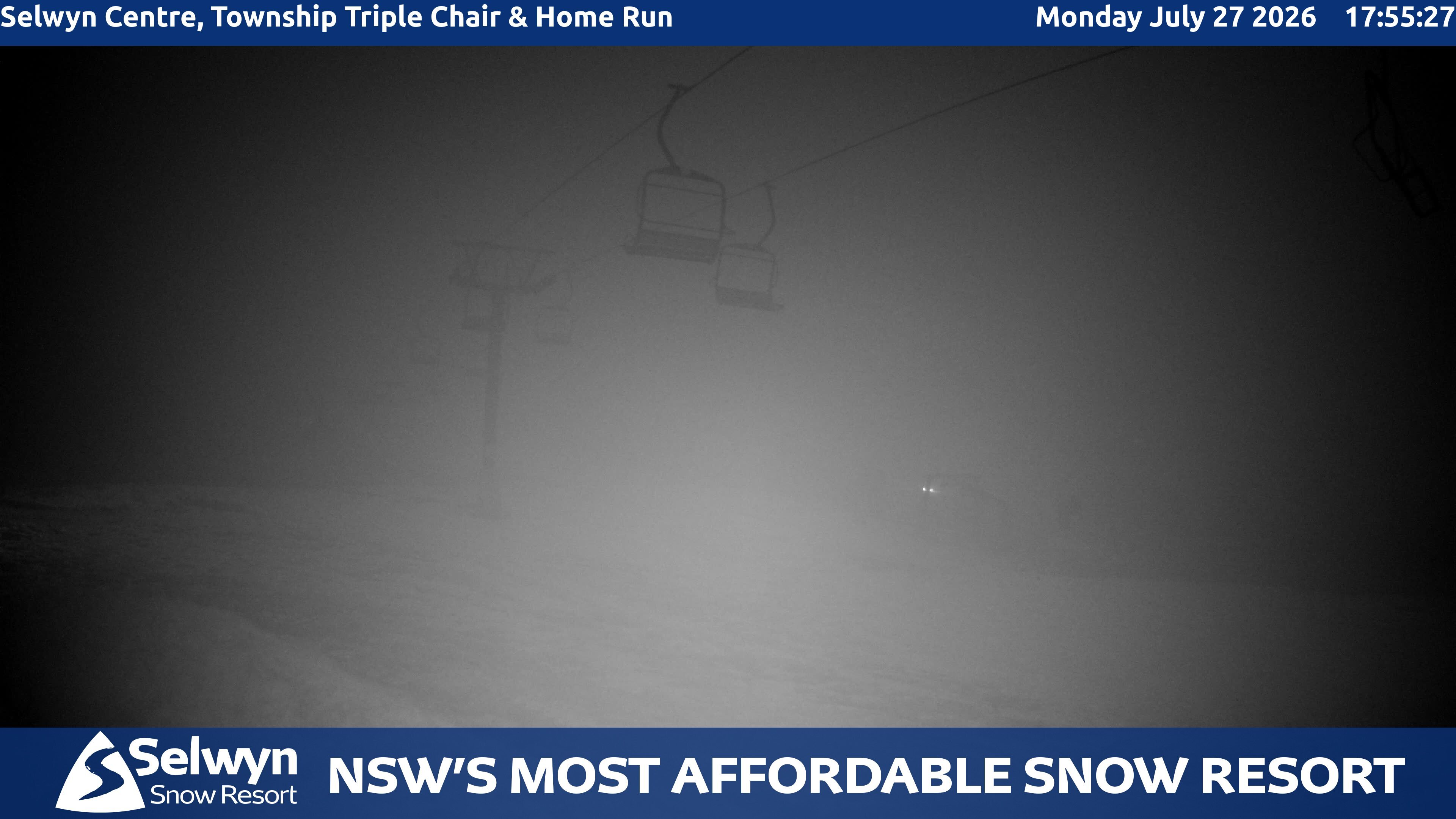 Selwyn Snow Resort Selwyn Centre, Township Triple Chair and Home Run snow cam captured at 27 July 2026 at 6:06 pm AEST
