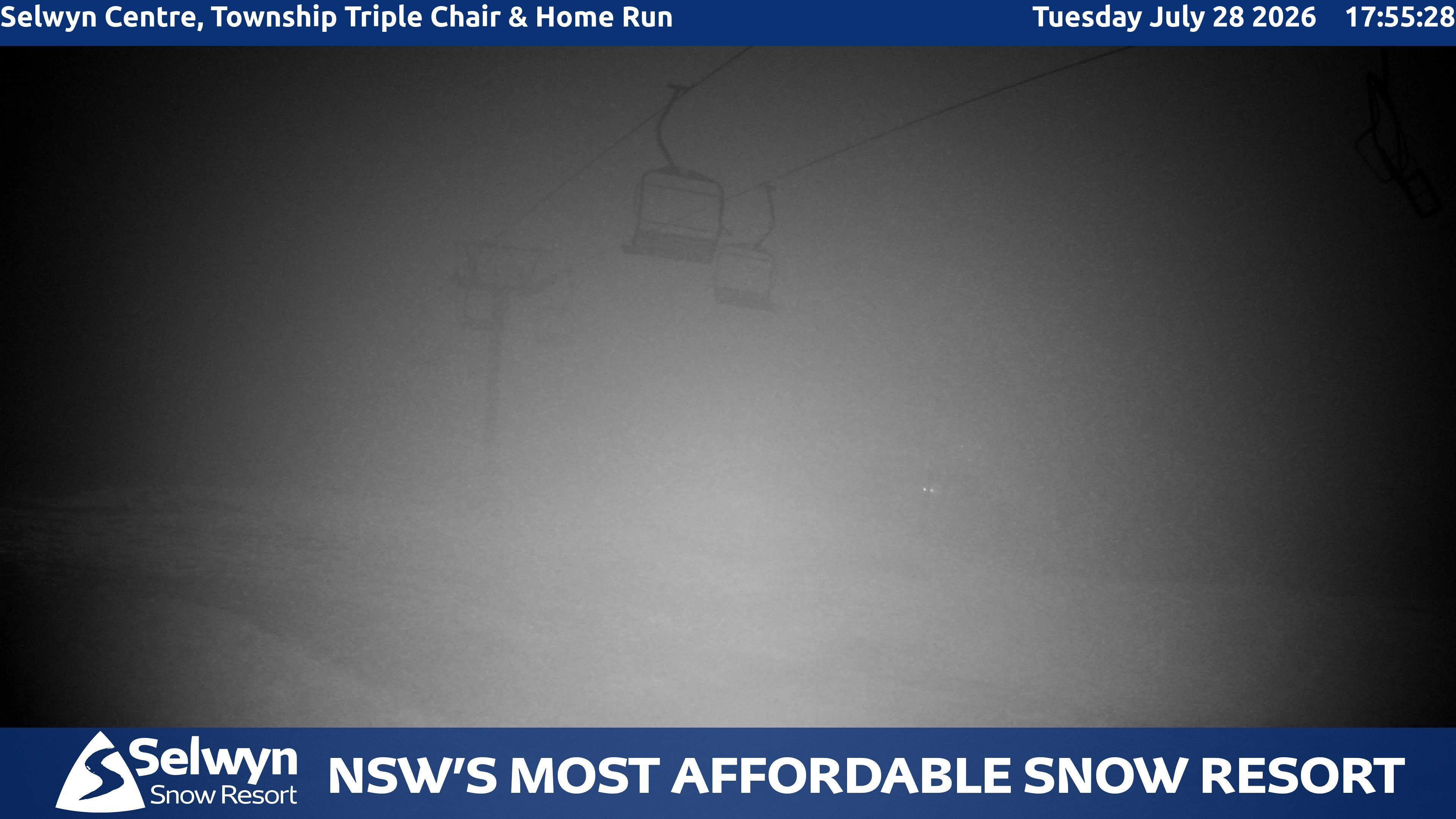 Selwyn Snow Resort Selwyn Centre, Township Triple Chair and Home Run snow cam captured at 28 July 2026 at 5:58 pm AEST