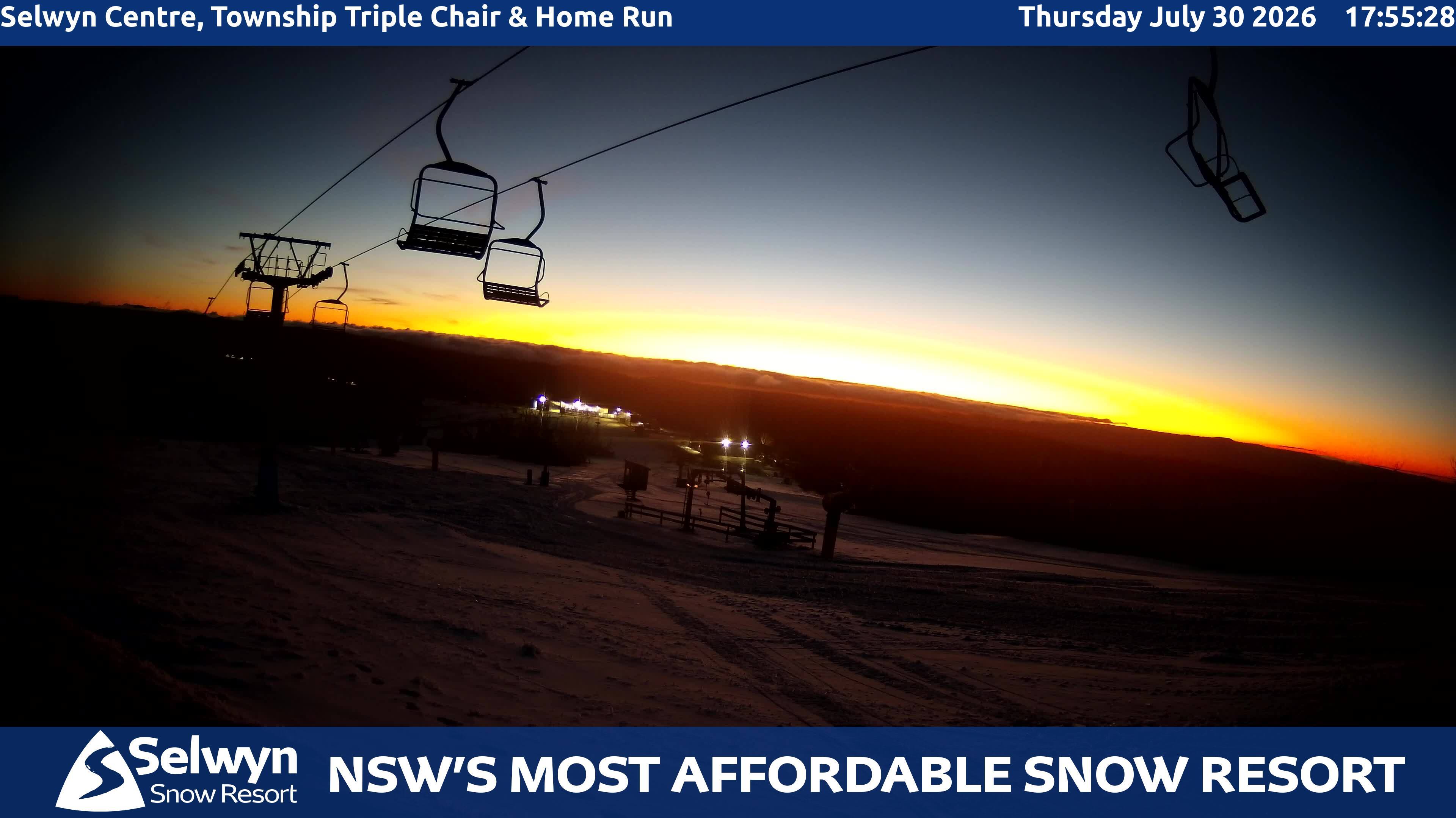 Selwyn Snow Resort Selwyn Centre, Township Triple Chair and Home Run snow cam captured at 30 July 2026 at 6:00 pm AEST