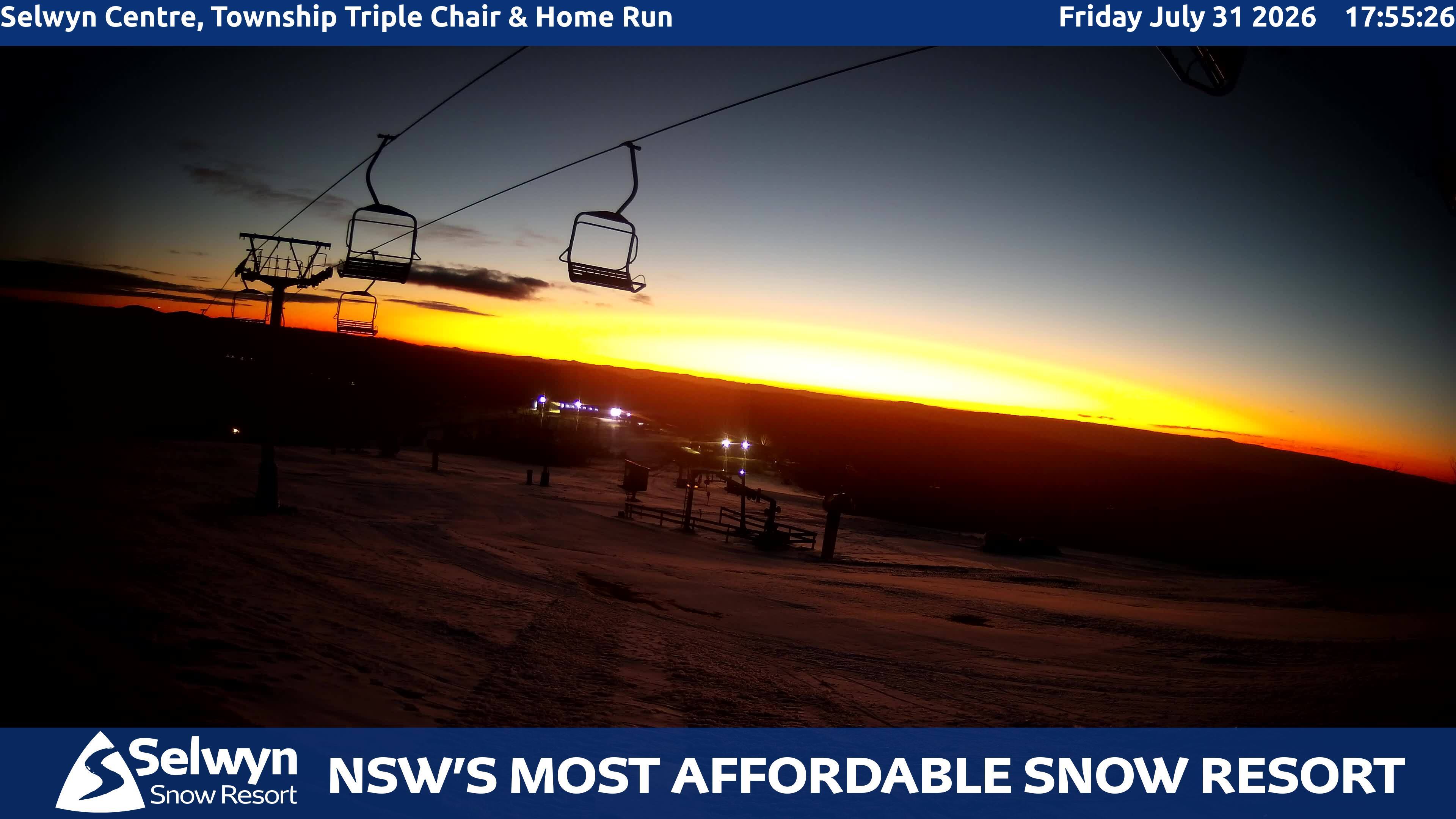 Selwyn Snow Resort Selwyn Centre, Township Triple Chair and Home Run snow cam captured at 31 July 2026 at 6:01 pm AEST