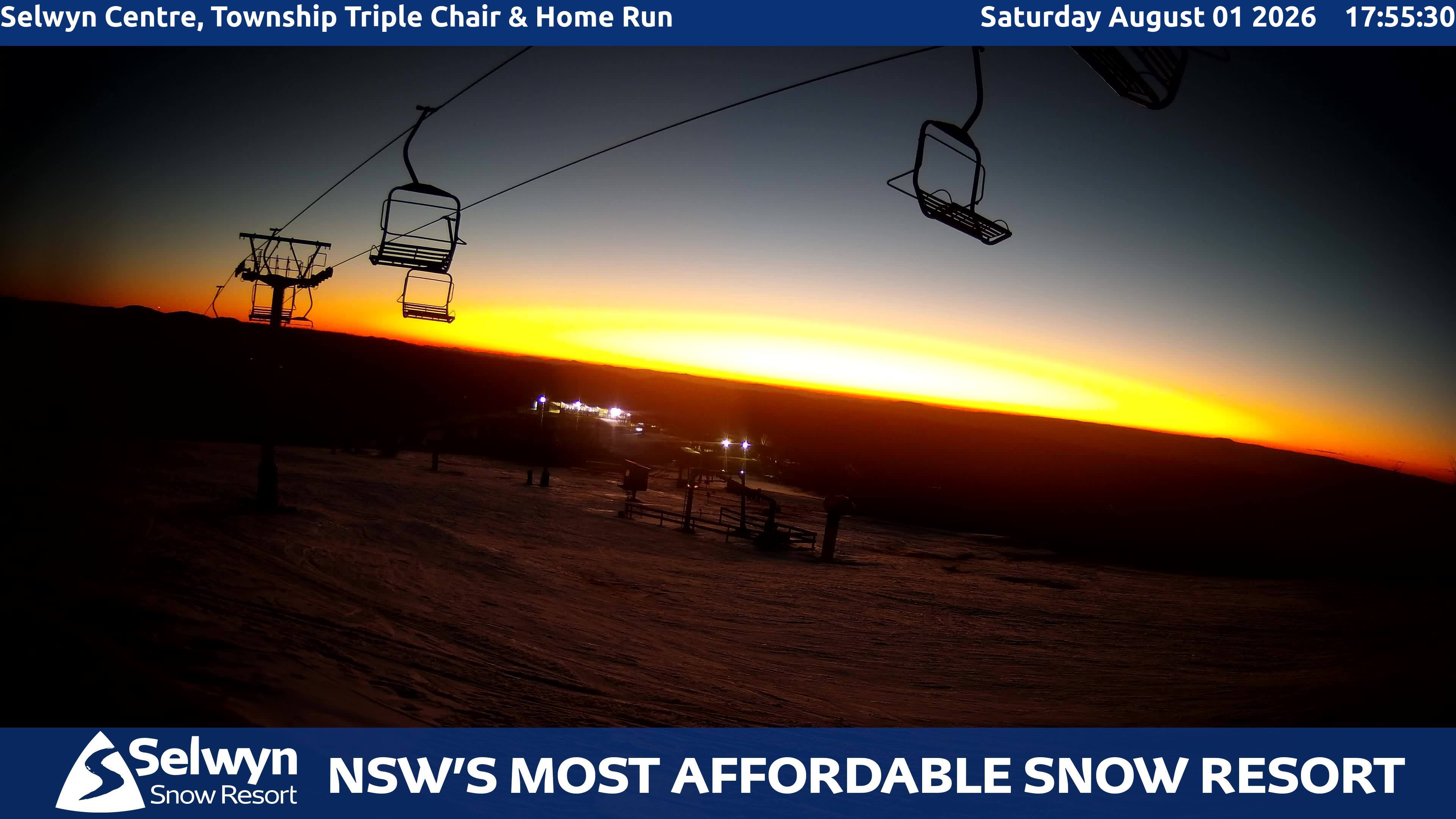 Selwyn Snow Resort Selwyn Centre, Township Triple Chair and Home Run snow cam captured at 1 August 2026 at 6:06 pm AEST