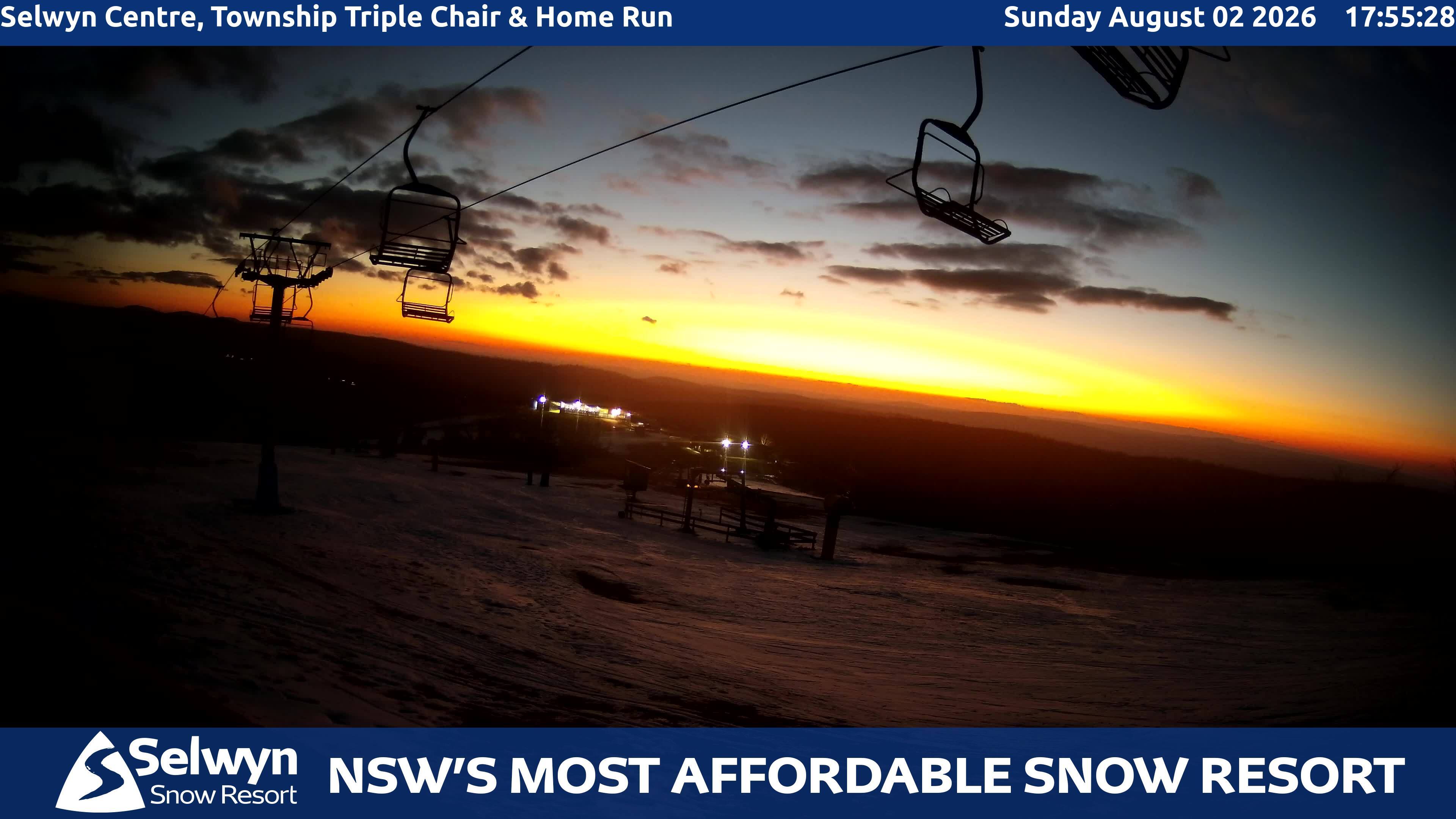Selwyn Snow Resort Selwyn Centre, Township Triple Chair and Home Run snow cam captured at 2 August 2026 at 6:03 pm AEST