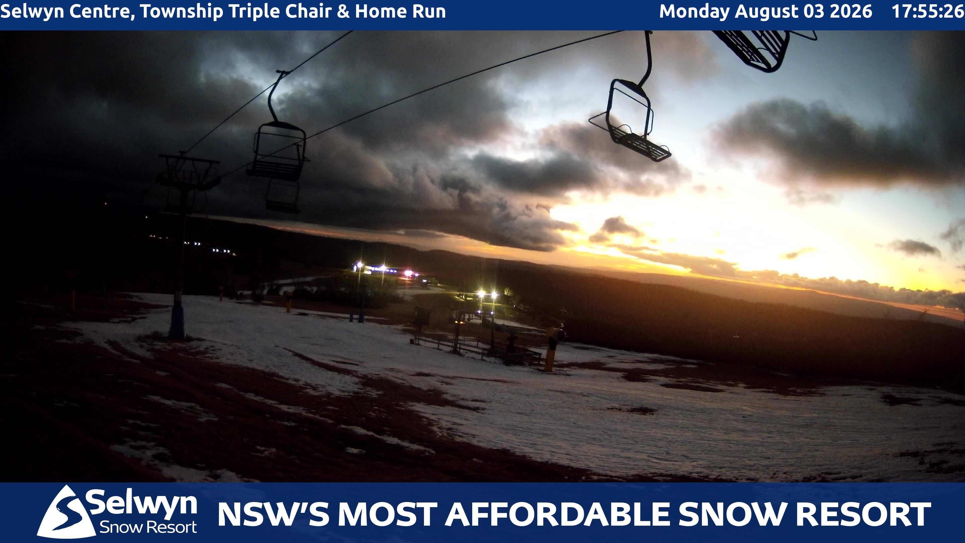 Selwyn Snow Resort Selwyn Centre, Township Triple Chair and Home Run snow cam captured at 3 August 2026 at 6:04 pm AEST