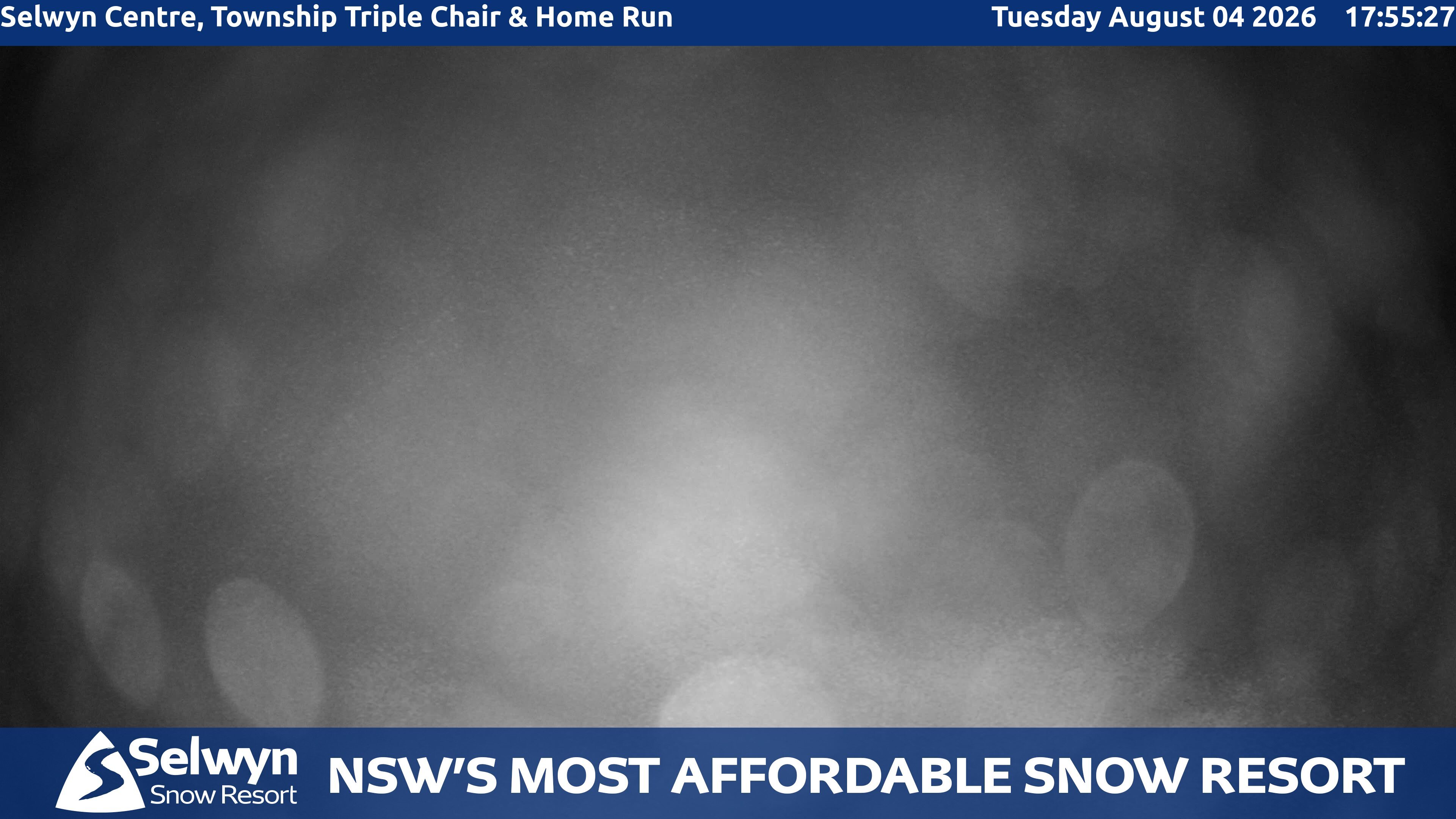Selwyn Snow Resort Selwyn Centre, Township Triple Chair and Home Run snow cam captured at 4 August 2026 at 6:05 pm AEST