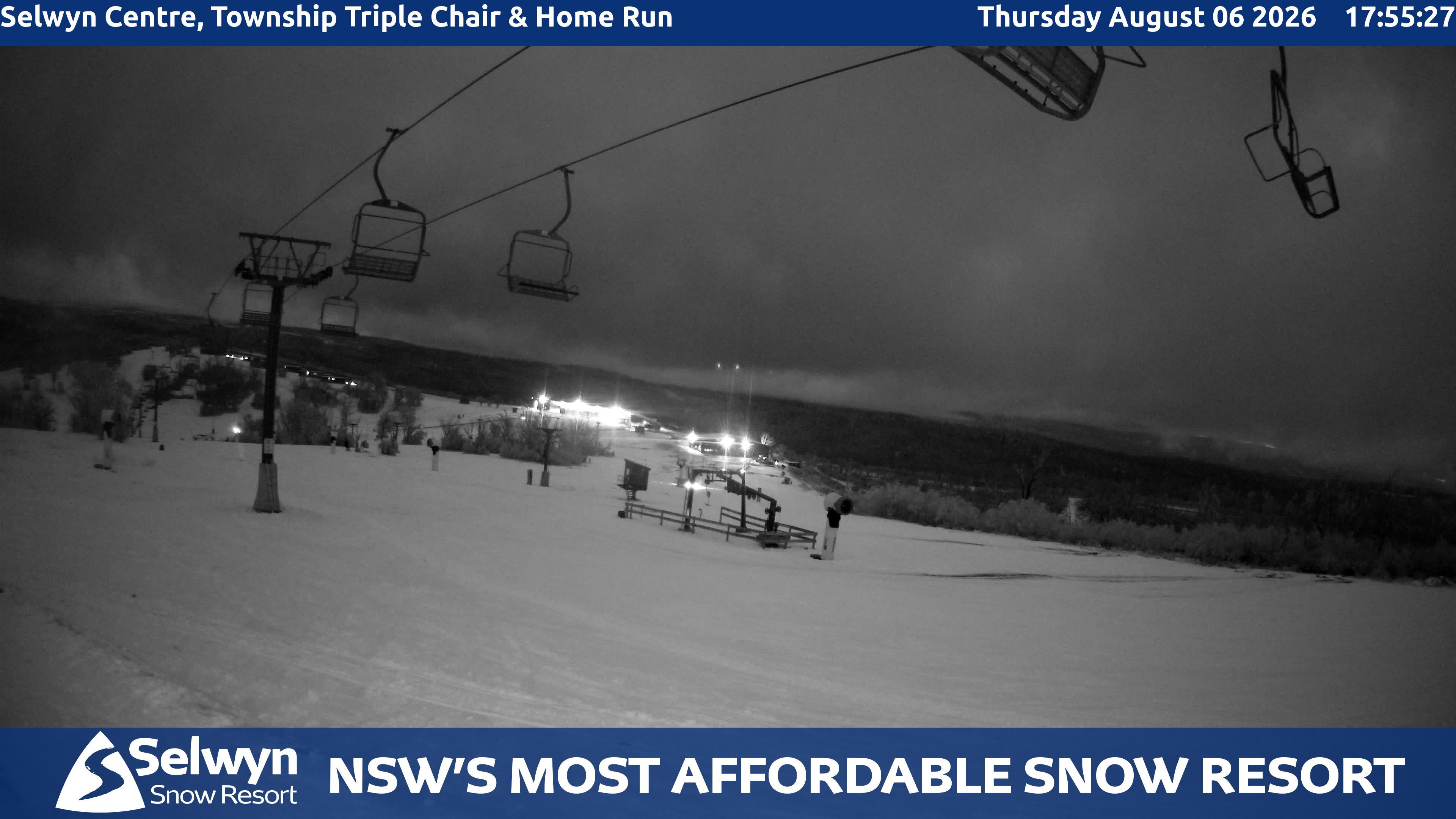 Selwyn Snow Resort Selwyn Centre, Township Triple Chair and Home Run snow cam captured at 6 August 2026 at 5:56 pm AEST