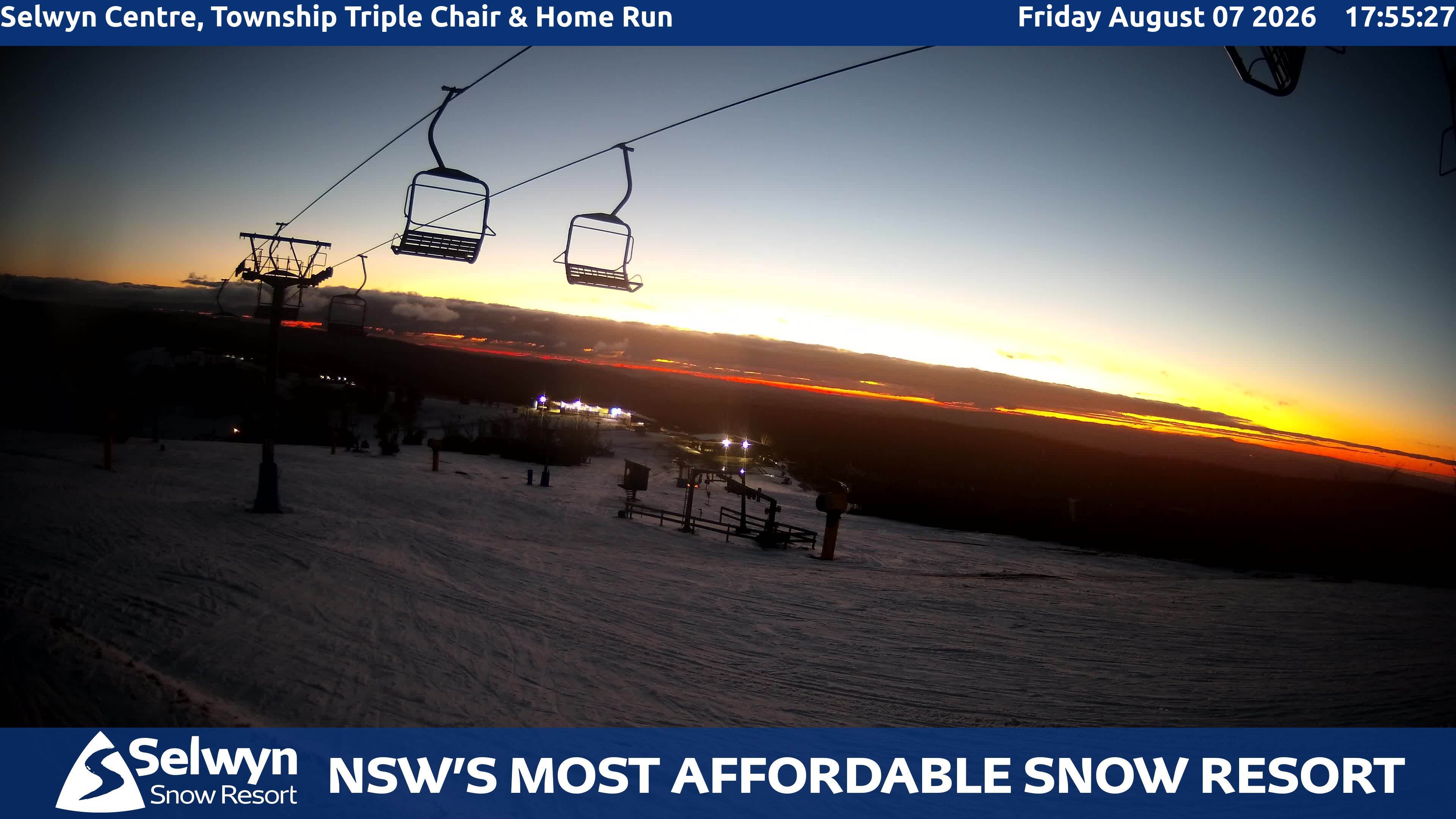 Selwyn Snow Resort Selwyn Centre, Township Triple Chair and Home Run snow cam captured at 7 August 2026 at 5:57 pm AEST