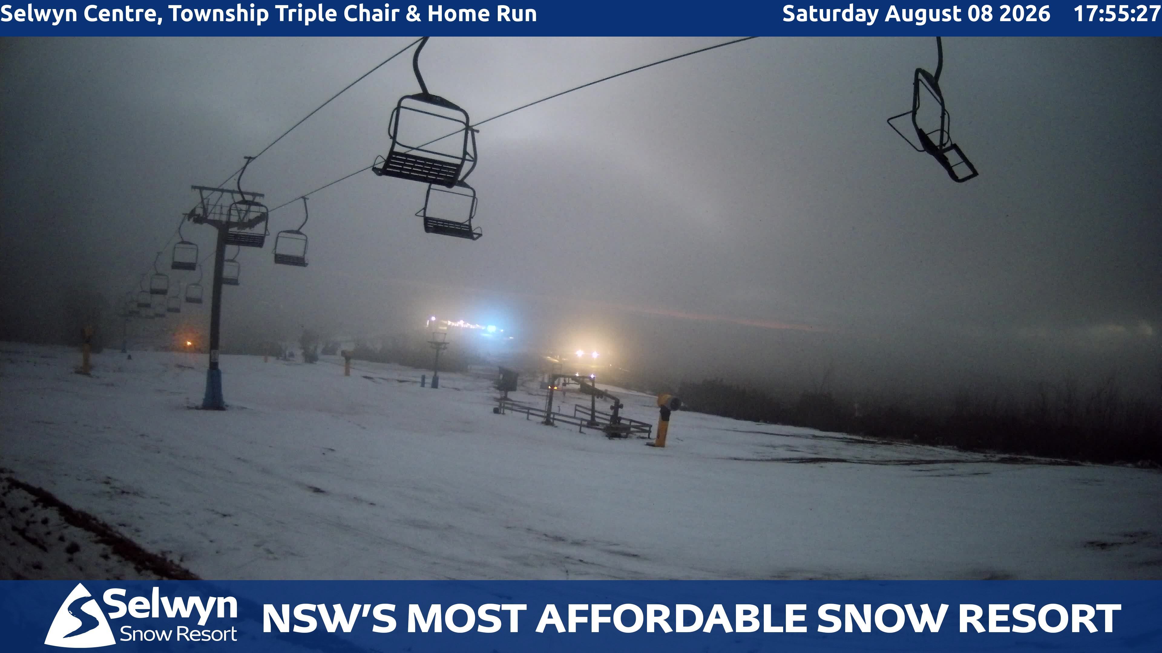 Selwyn Snow Resort Selwyn Centre, Township Triple Chair and Home Run snow cam captured at 8 August 2026 at 5:58 pm AEST