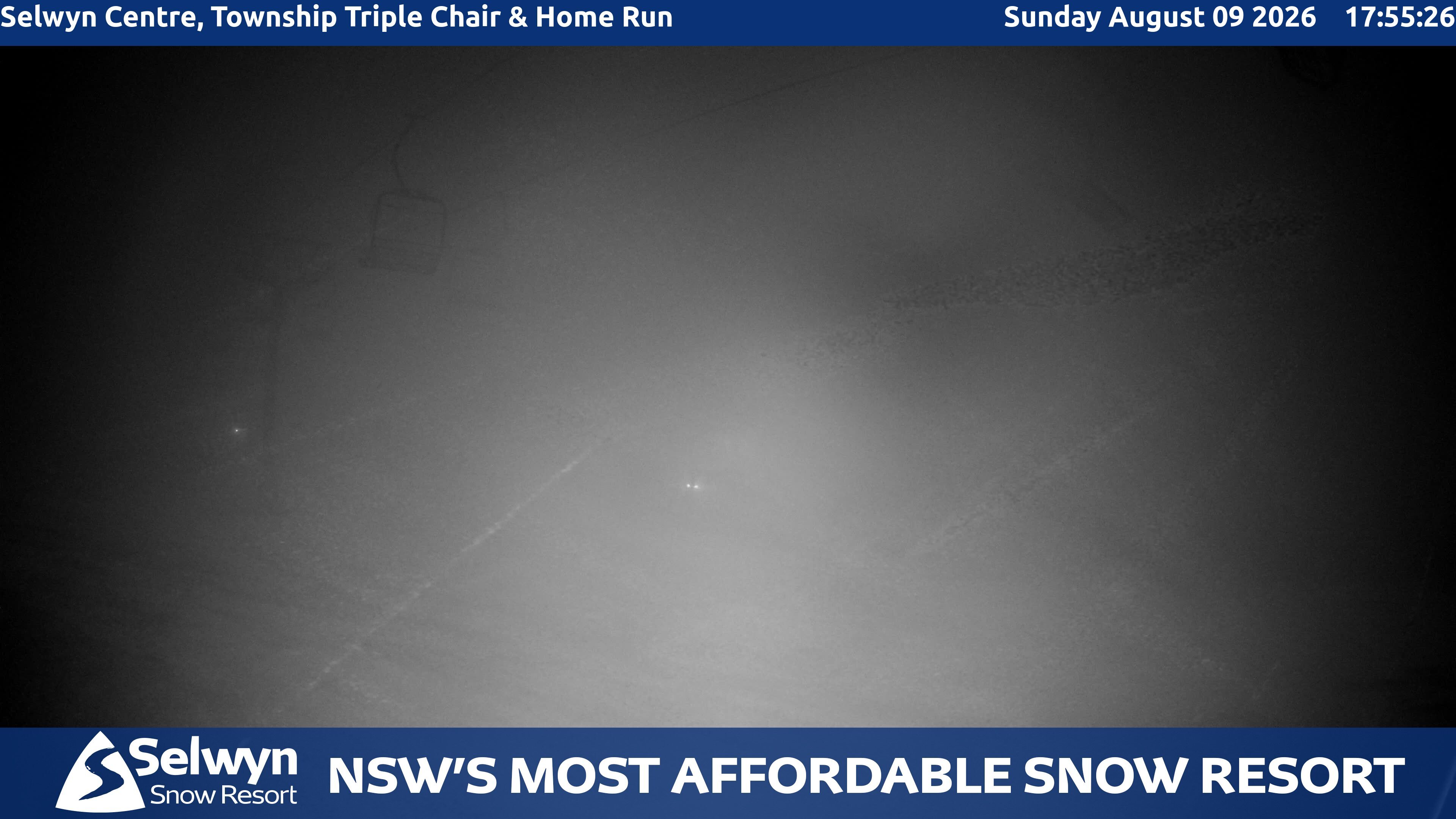 Selwyn Snow Resort Selwyn Centre, Township Triple Chair and Home Run snow cam captured at 9 August 2026 at 6:01 pm AEST