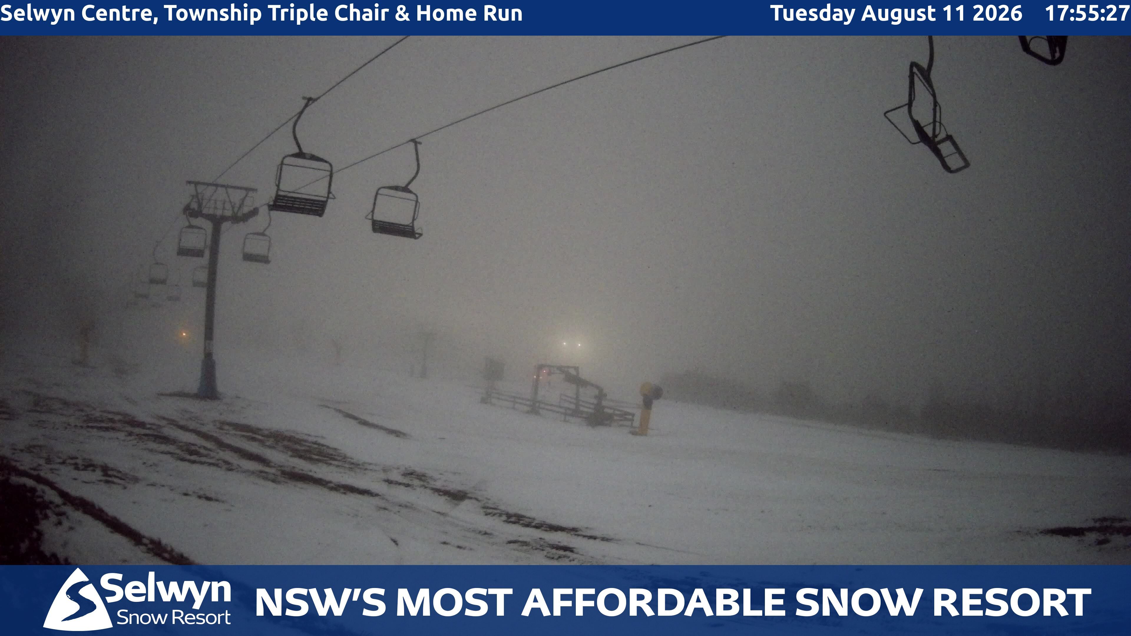 Selwyn Snow Resort Selwyn Centre, Township Triple Chair and Home Run snow cam captured at 11 August 2026 at 6:01 pm AEST