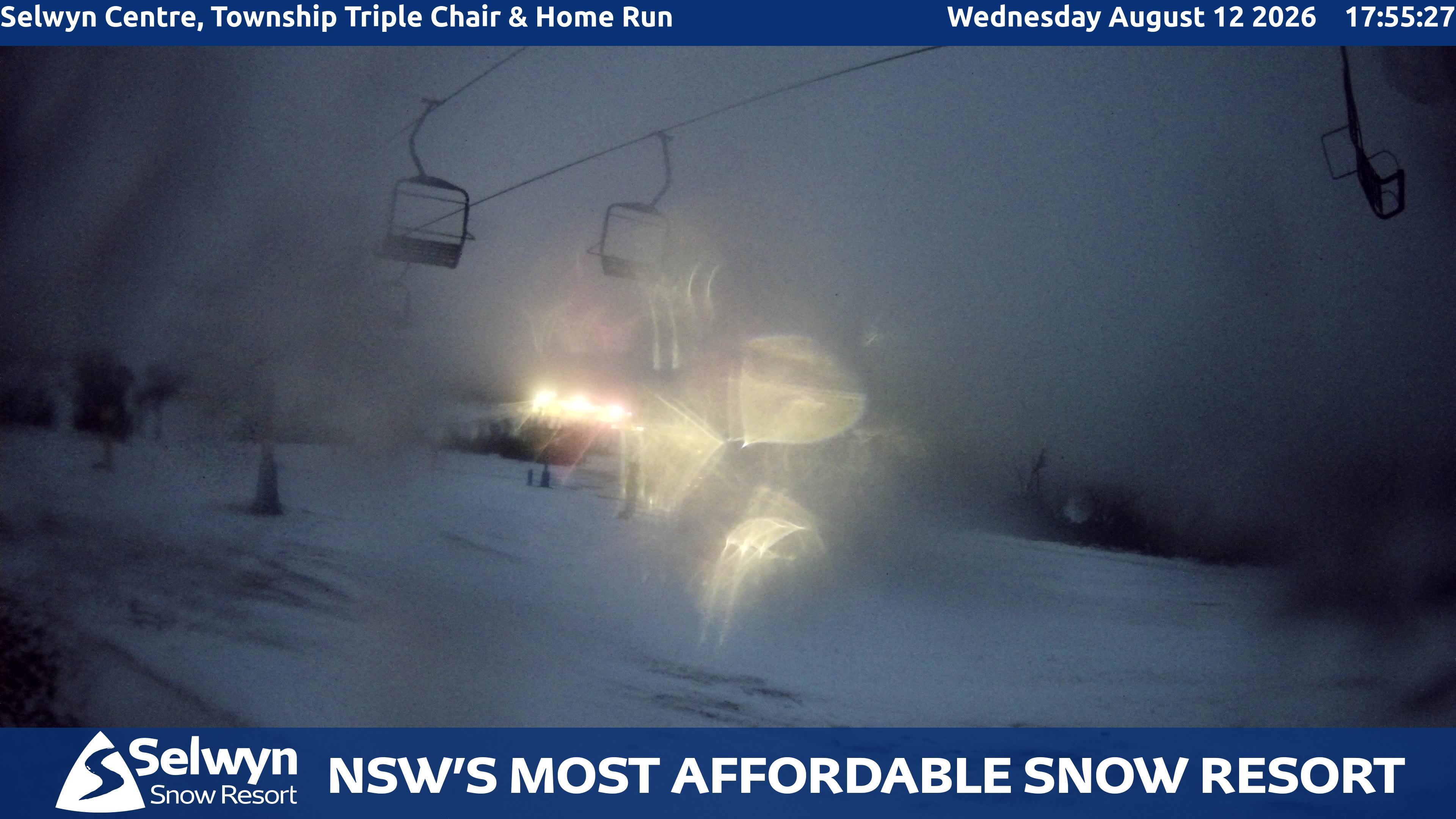 Selwyn Snow Resort Selwyn Centre, Township Triple Chair and Home Run snow cam captured at 12 August 2026 at 6:01 pm AEST