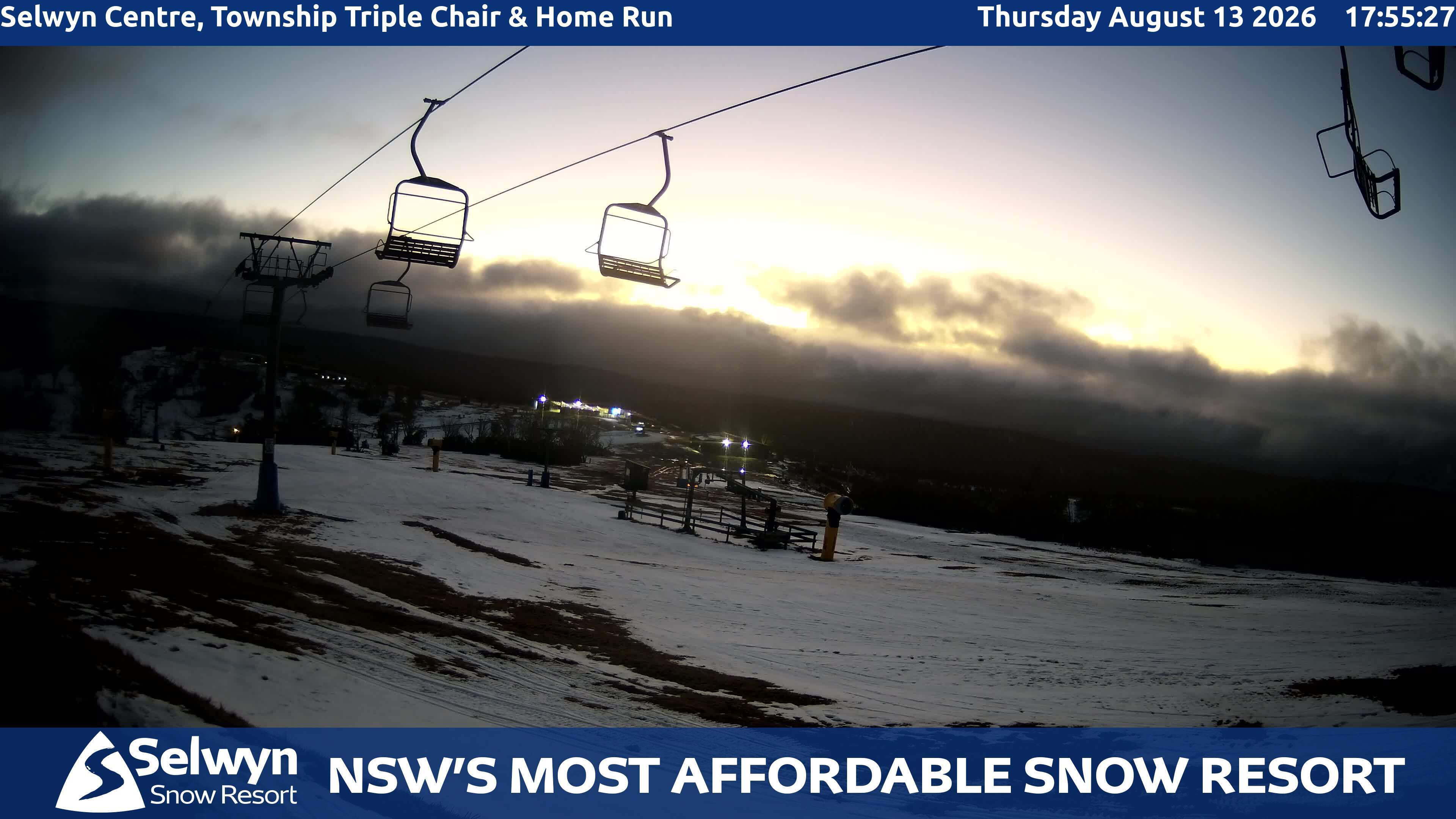 Selwyn Snow Resort Selwyn Centre, Township Triple Chair and Home Run snow cam captured at 13 August 2026 at 6:03 pm AEST