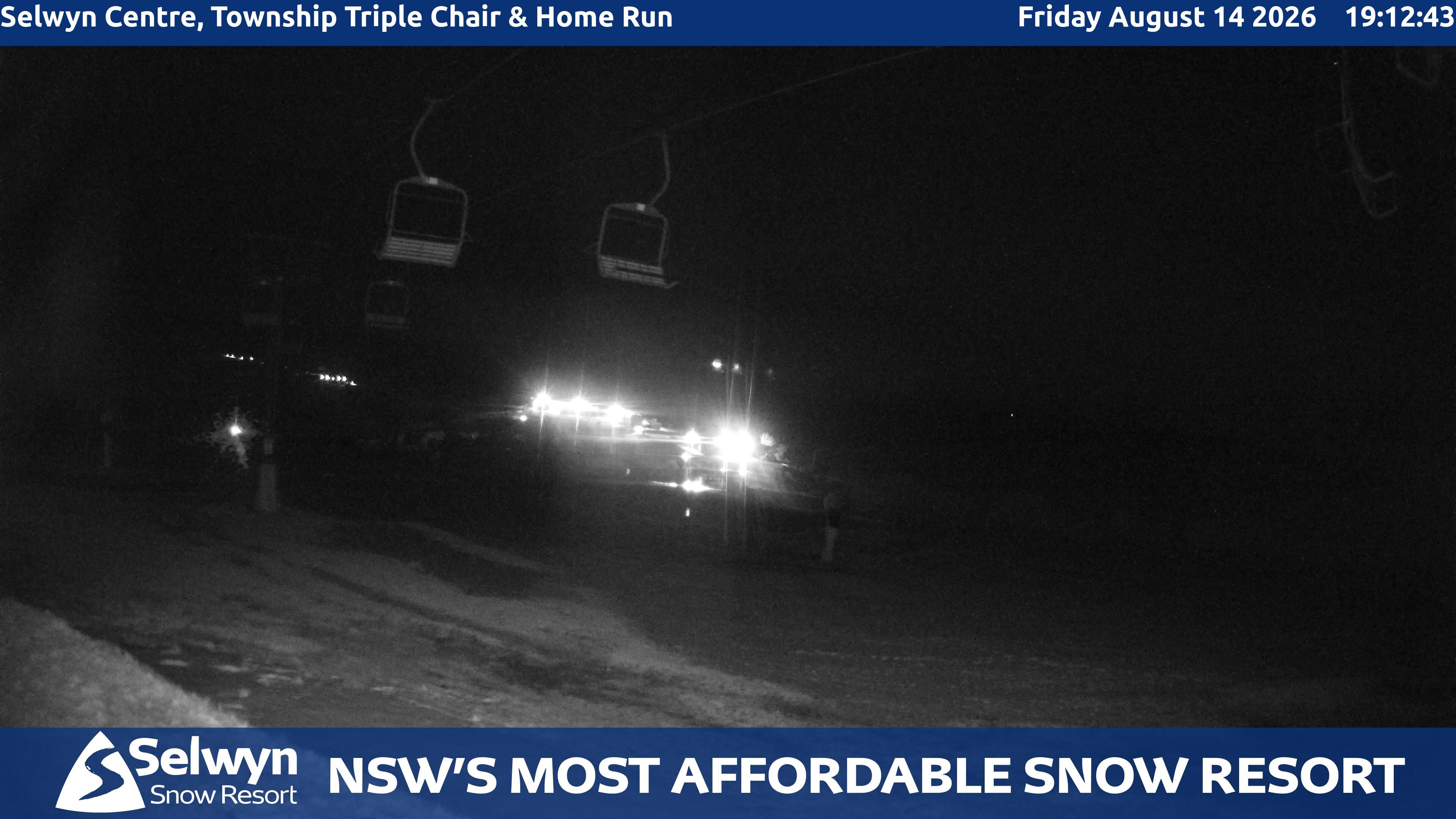 Selwyn Snow Resort Selwyn Centre, Township Triple Chair and Home Run snow cam captured at 14 August 2026 at 7:21 pm AEST