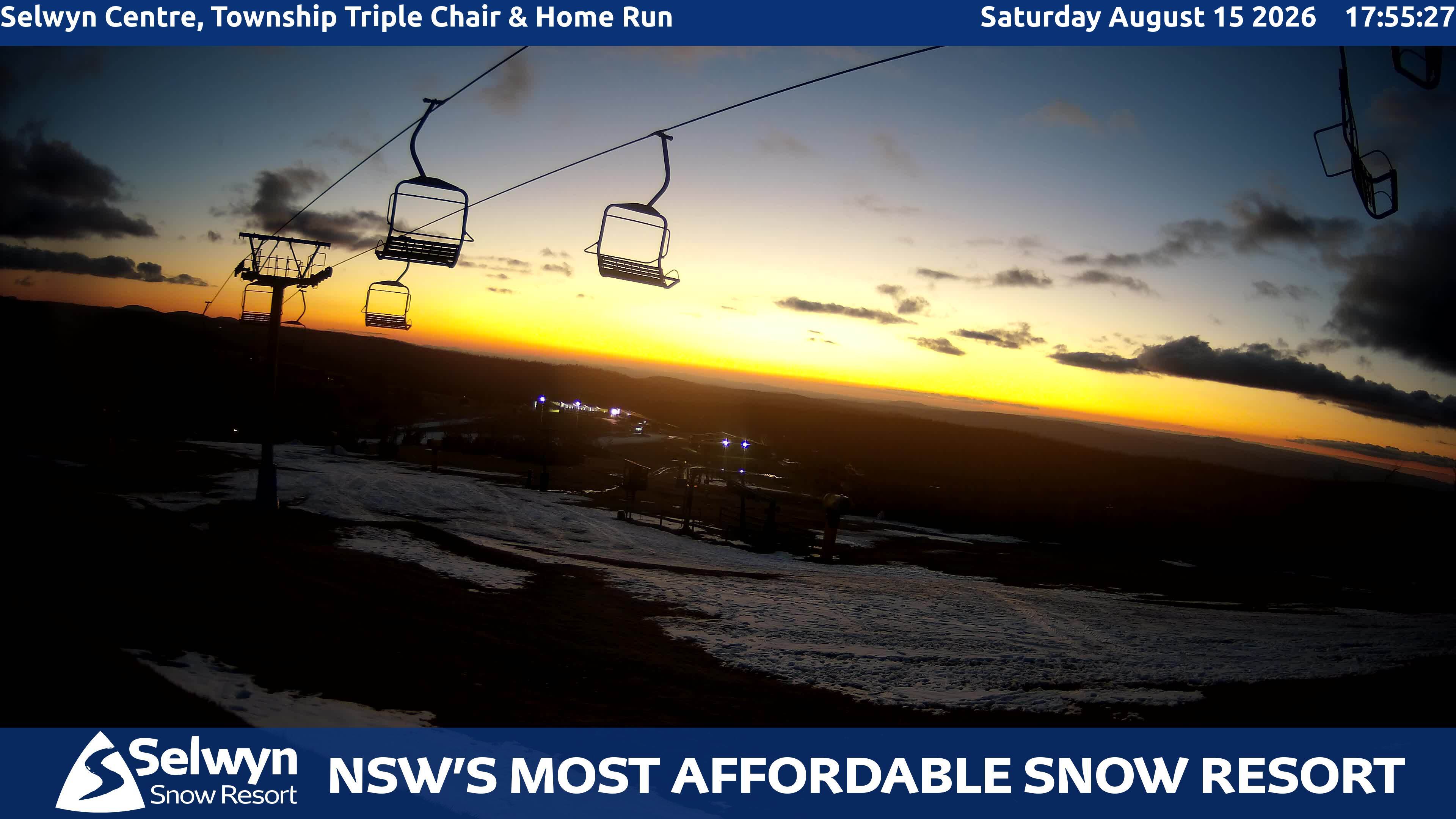 Selwyn Snow Resort Selwyn Centre, Township Triple Chair and Home Run snow cam captured at 15 August 2026 at 6:05 pm AEST