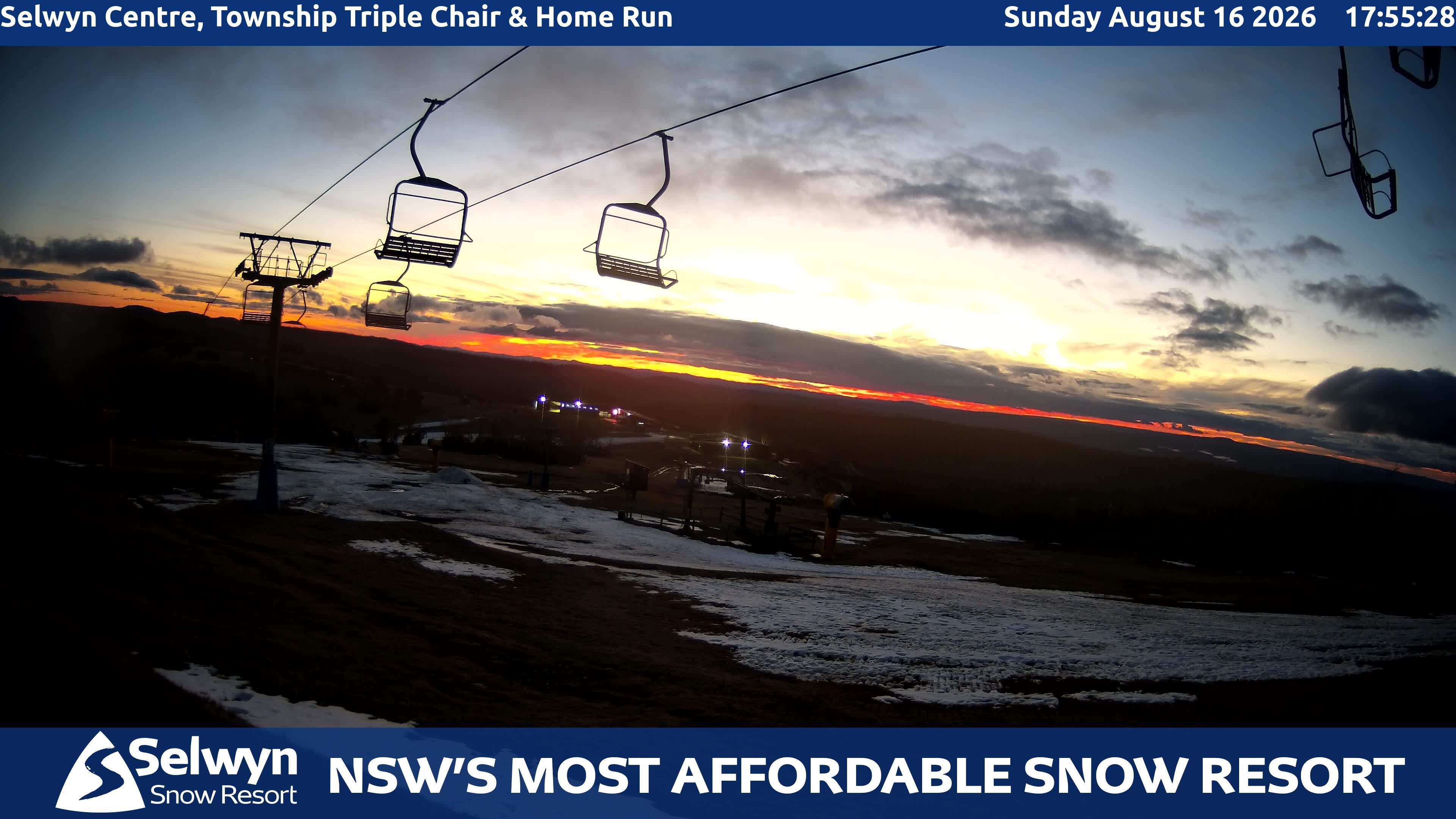 Selwyn Snow Resort Selwyn Centre, Township Triple Chair and Home Run snow cam captured at 16 August 2026 at 5:58 pm AEST