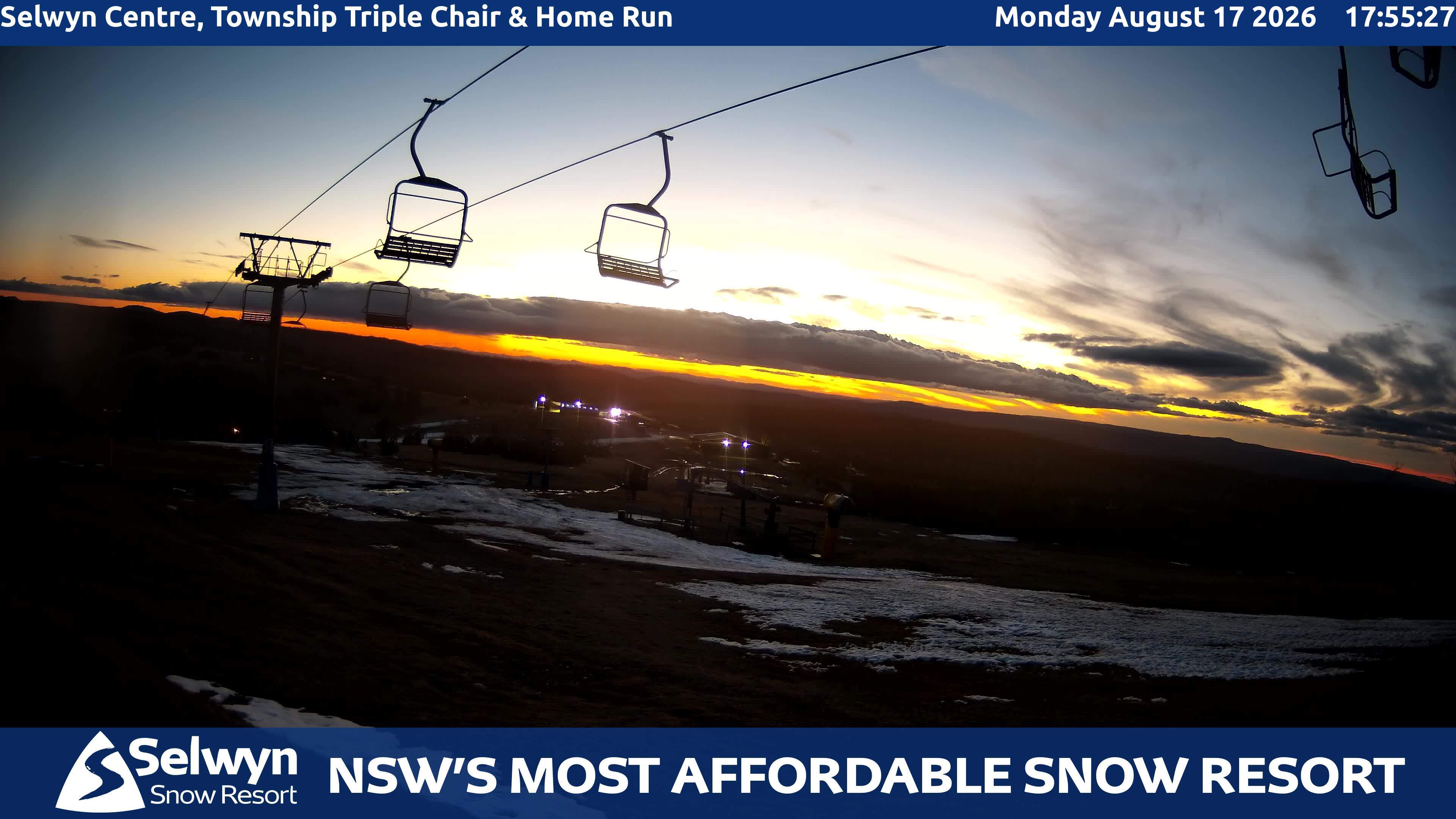 Selwyn Snow Resort Selwyn Centre, Township Triple Chair and Home Run snow cam captured at 17 August 2026 at 5:59 pm AEST