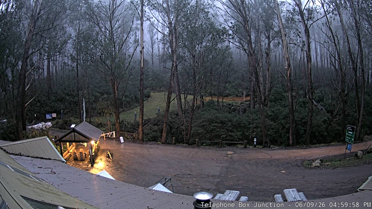 Mt Stirling Telephone Box Junction snow cam captured at 9 June 2026, 7:04 am