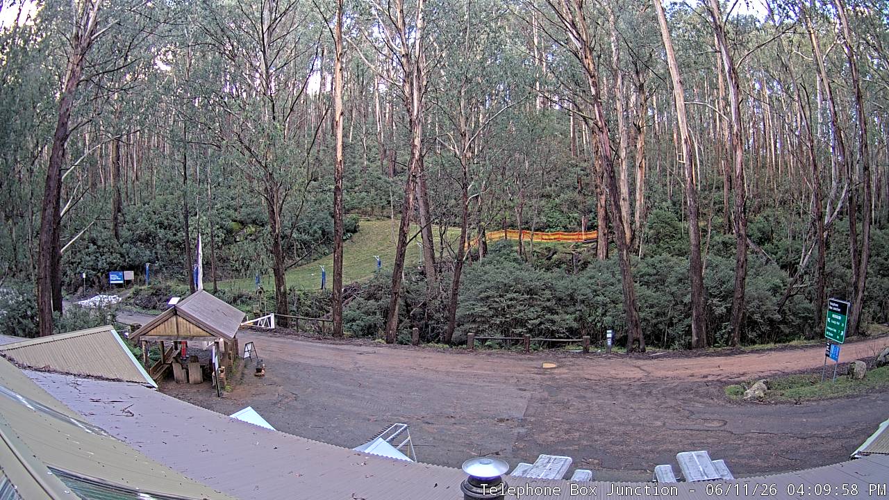 Mt Stirling Telephone Box Junction snow cam captured at 11 June 2026, 6:14 am