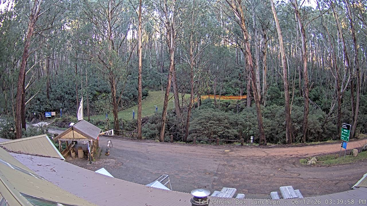 Mt Stirling Telephone Box Junction snow cam captured at 12 June 2026, 5:44 am