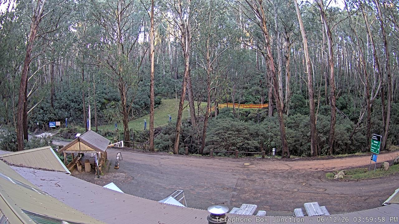 Mt Stirling Telephone Box Junction snow cam captured at 12 June 2026, 6:02 am