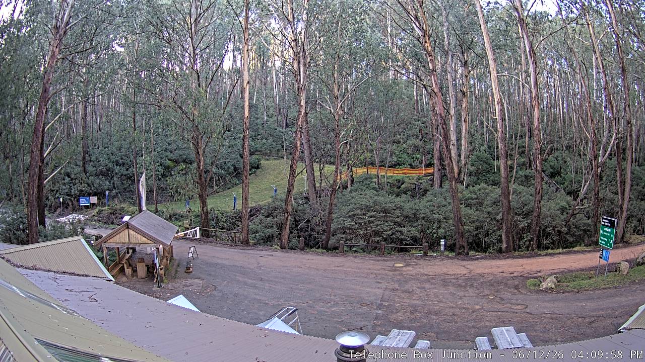 Mt Stirling Telephone Box Junction snow cam captured at 12 June 2026, 6:14 am