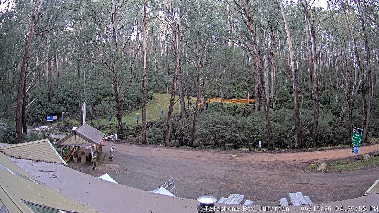 Mt Stirling Telephone Box Junction snow cam captured at 12 June 2026, 6:32 am