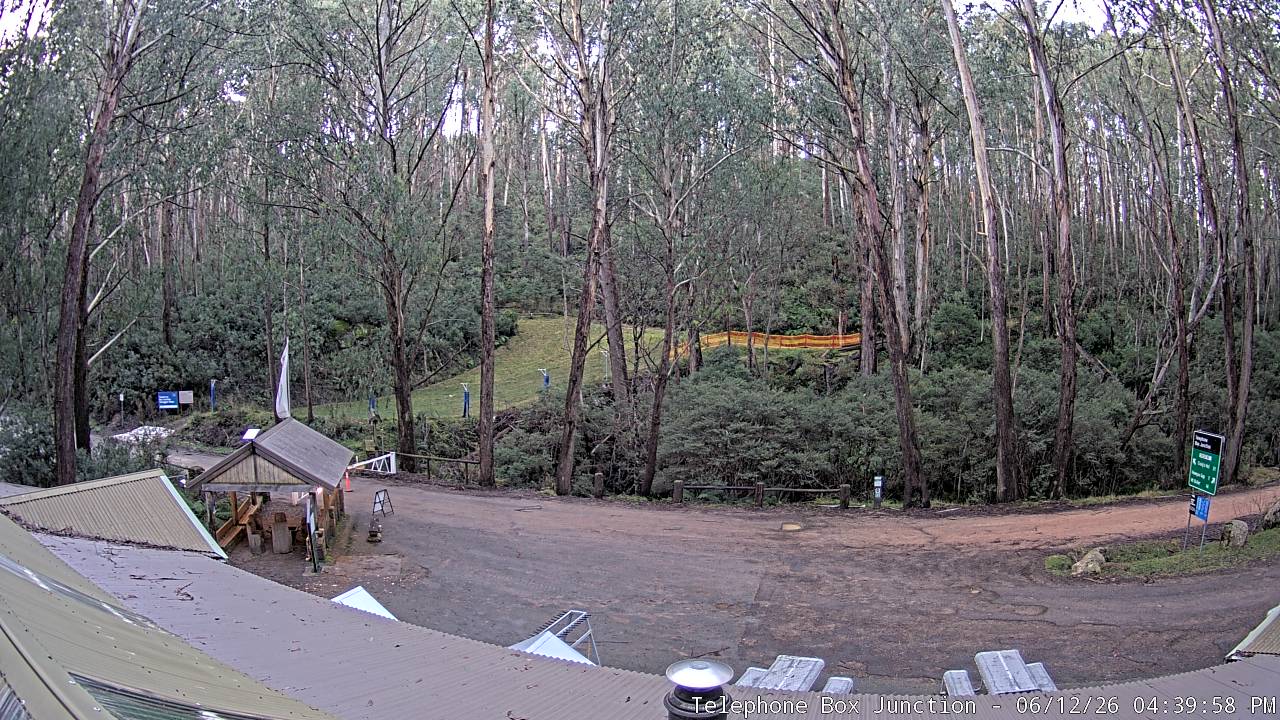Mt Stirling Telephone Box Junction snow cam captured at 12 June 2026, 6:44 am