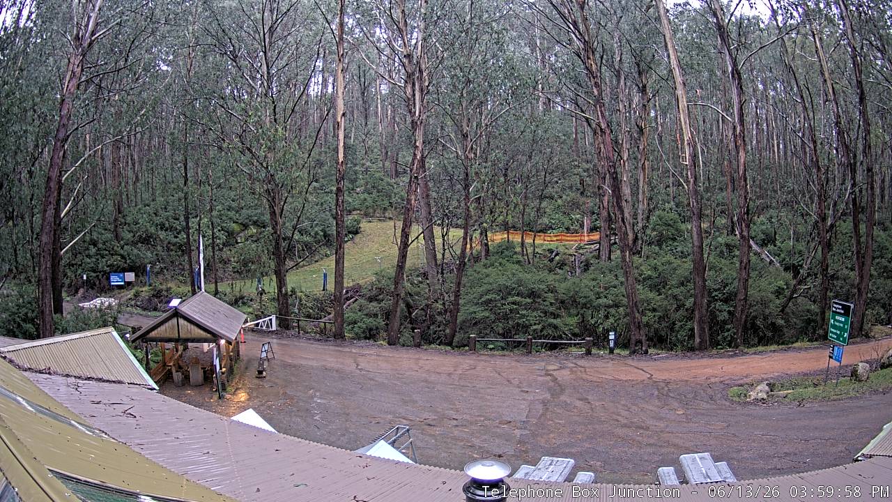 Mt Stirling Telephone Box Junction snow cam captured at 13 June 2026, 6:02 am