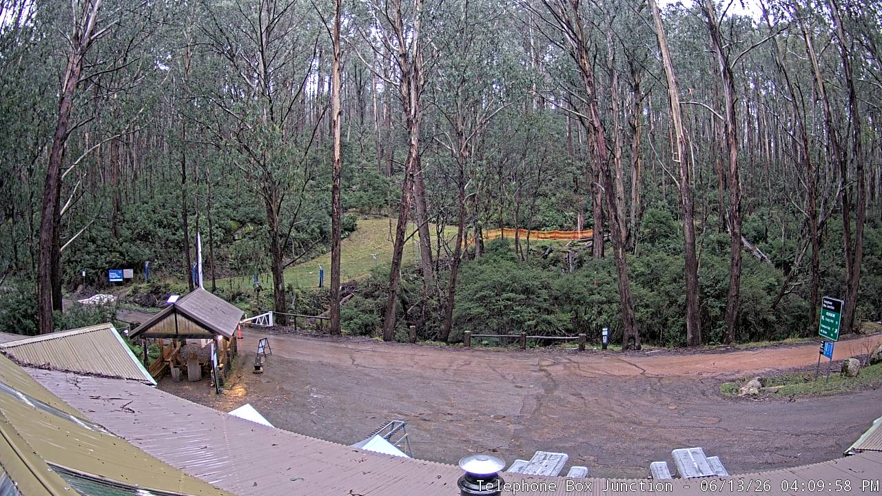 Mt Stirling Telephone Box Junction snow cam captured at 13 June 2026, 6:14 am