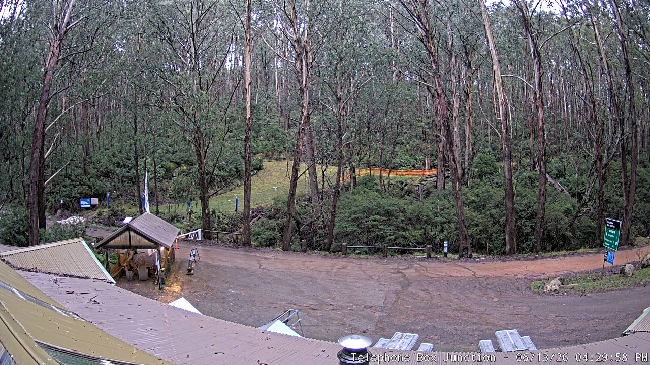 Mt Stirling Telephone Box Junction snow cam captured at 13 June 2026, 6:32 am