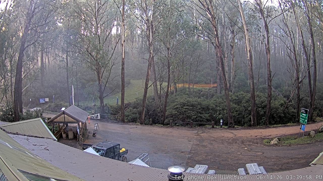 Mt Stirling Telephone Box Junction snow cam captured at 14 June 2026, 5:43 am