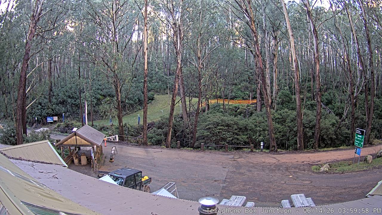Mt Stirling Telephone Box Junction snow cam captured at 14 June 2026, 6:01 am